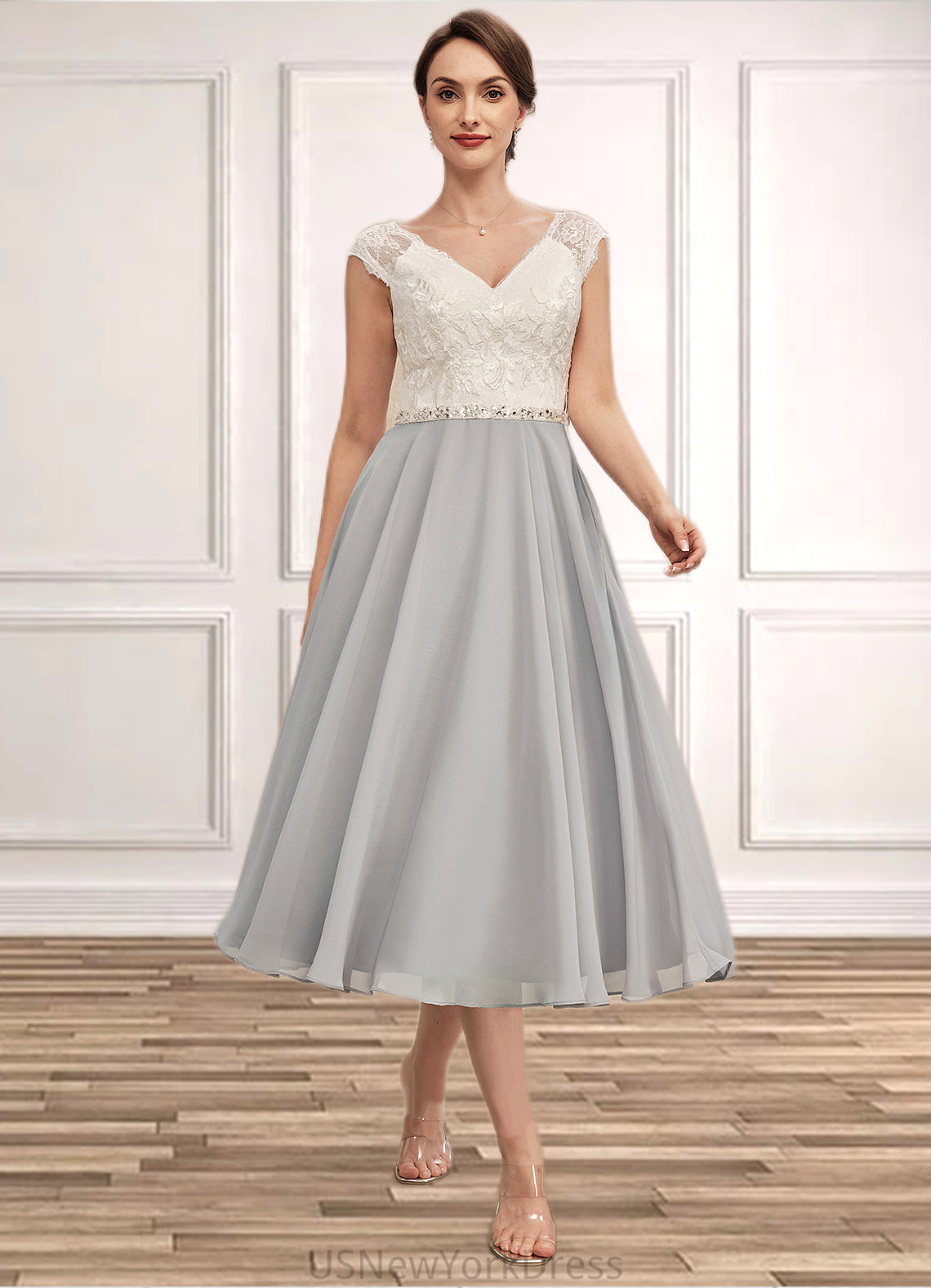 Danna A-Line V-neck Tea-Length Chiffon Lace Mother of the Bride Dress With Beading DJ126P0014919