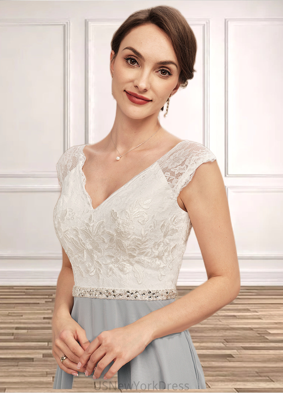 Danna A-Line V-neck Tea-Length Chiffon Lace Mother of the Bride Dress With Beading DJ126P0014919