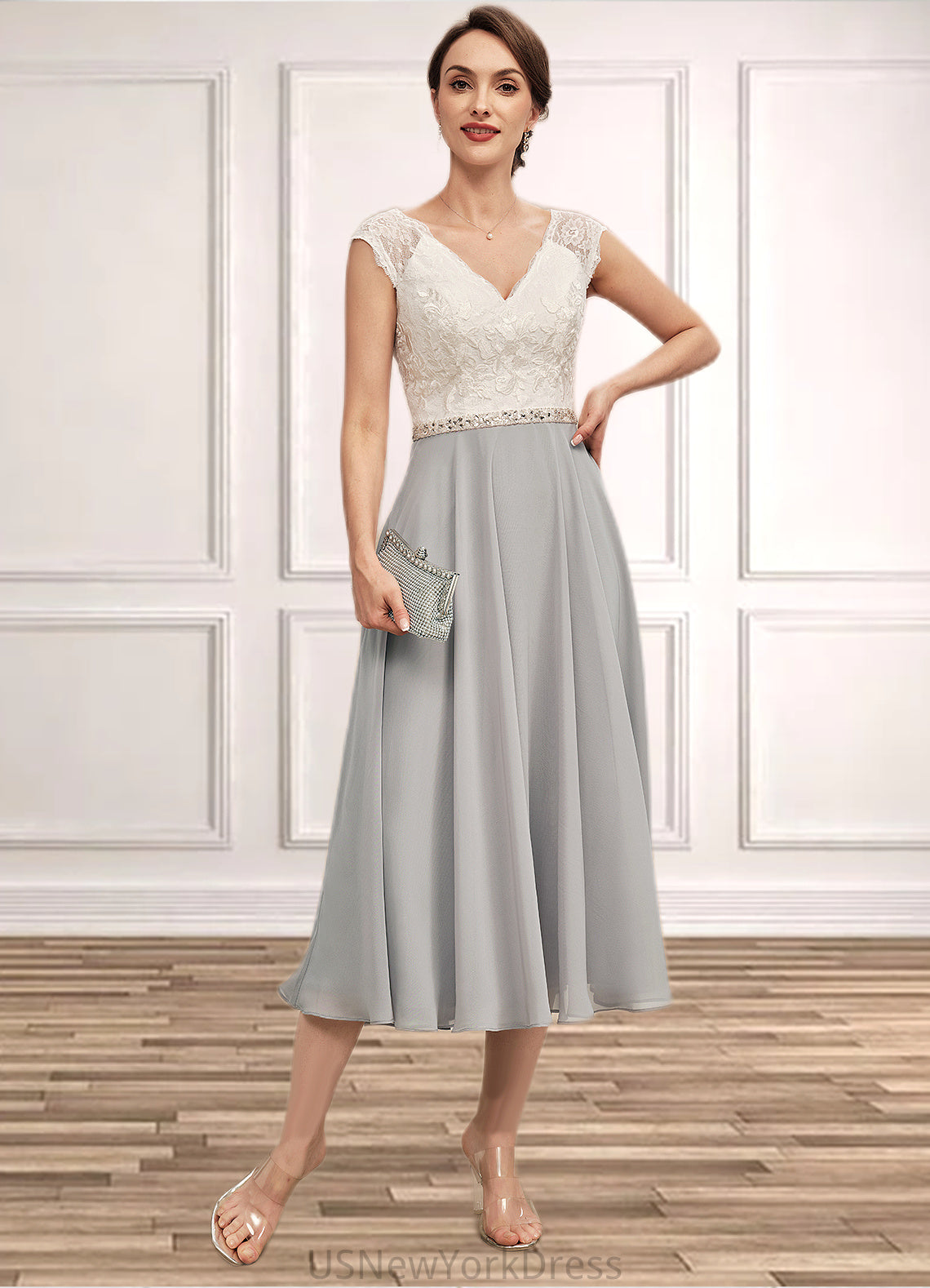 Danna A-Line V-neck Tea-Length Chiffon Lace Mother of the Bride Dress With Beading DJ126P0014919