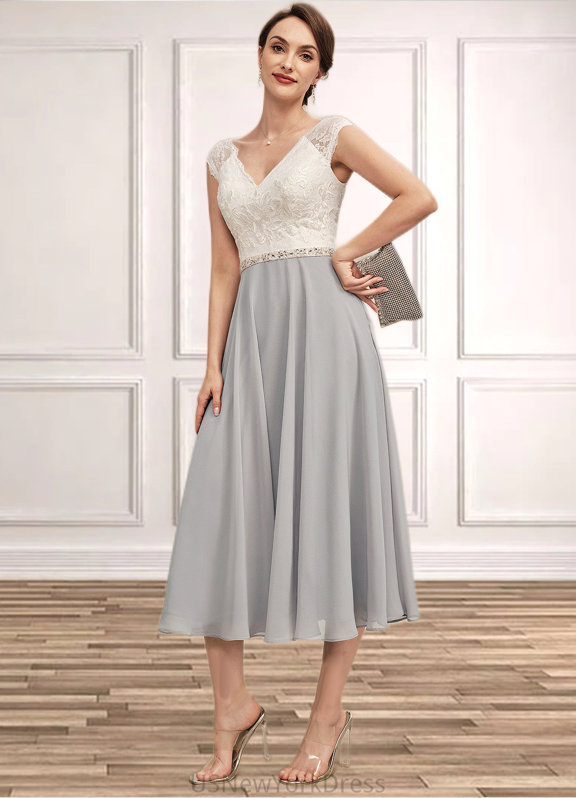 Danna A-Line V-neck Tea-Length Chiffon Lace Mother of the Bride Dress With Beading DJ126P0014919