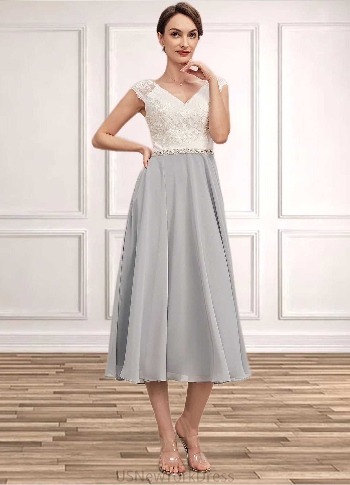 Danna A-Line V-neck Tea-Length Chiffon Lace Mother of the Bride Dress With Beading DJ126P0014919