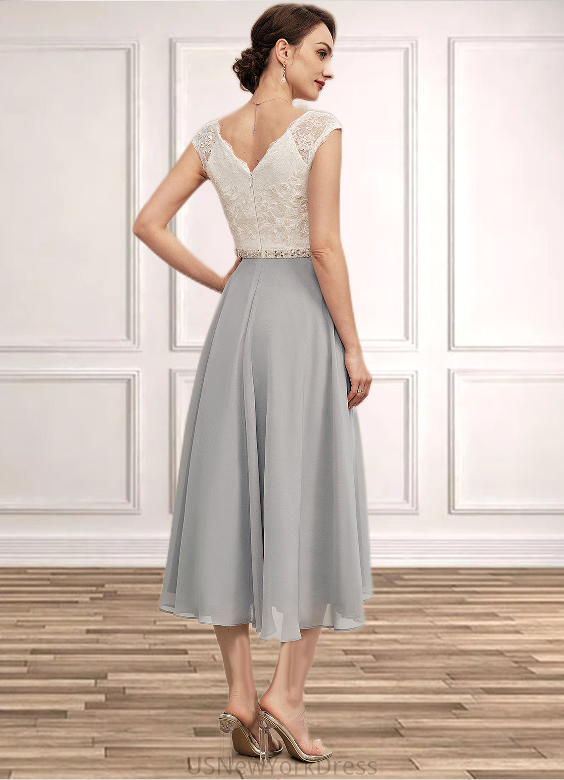 Danna A-Line V-neck Tea-Length Chiffon Lace Mother of the Bride Dress With Beading DJ126P0014919