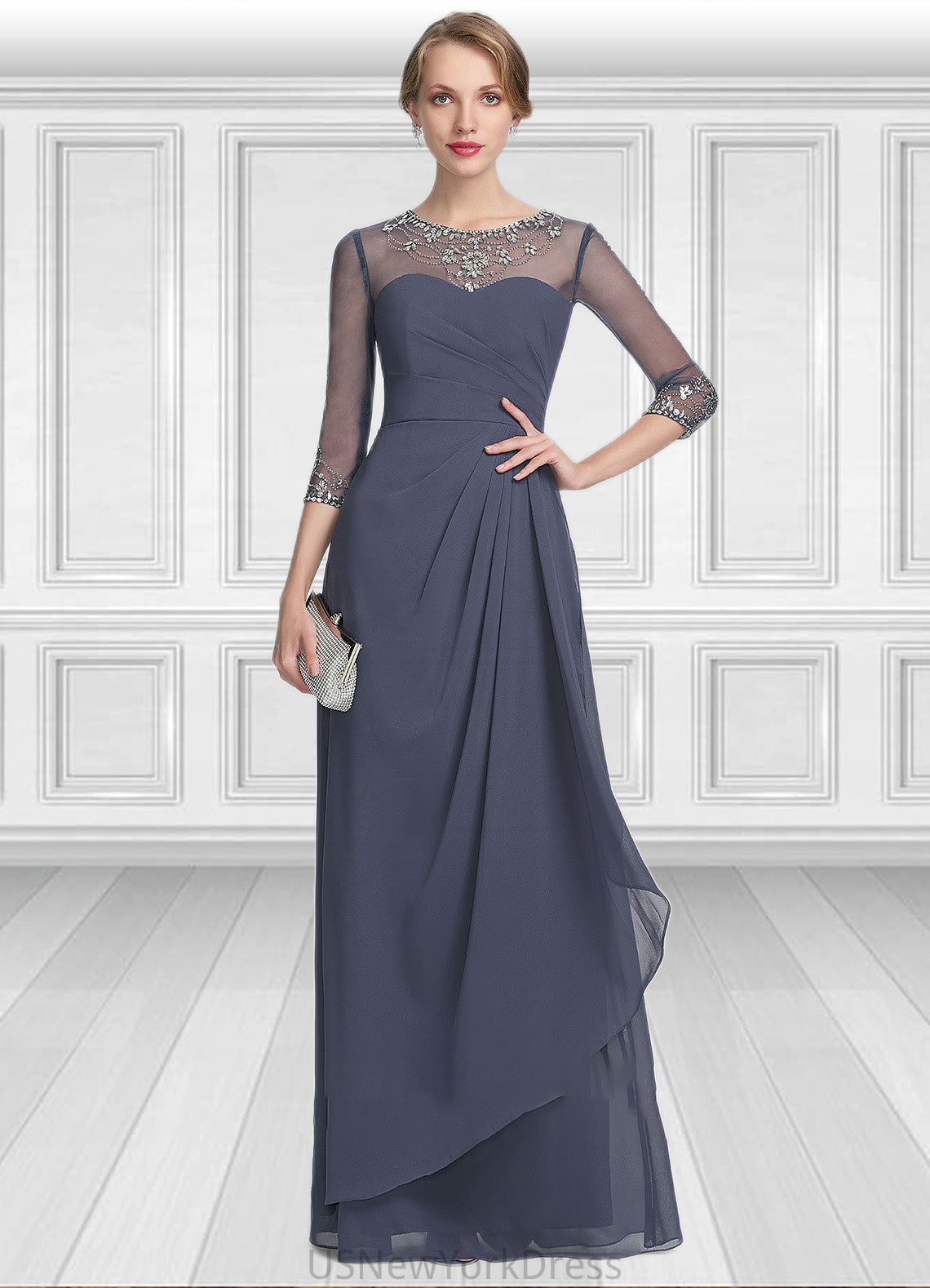 Campbell A-Line Scoop Neck Floor-Length Chiffon Mother of the Bride Dress With Beading Sequins Cascading Ruffles DJ126P0014921