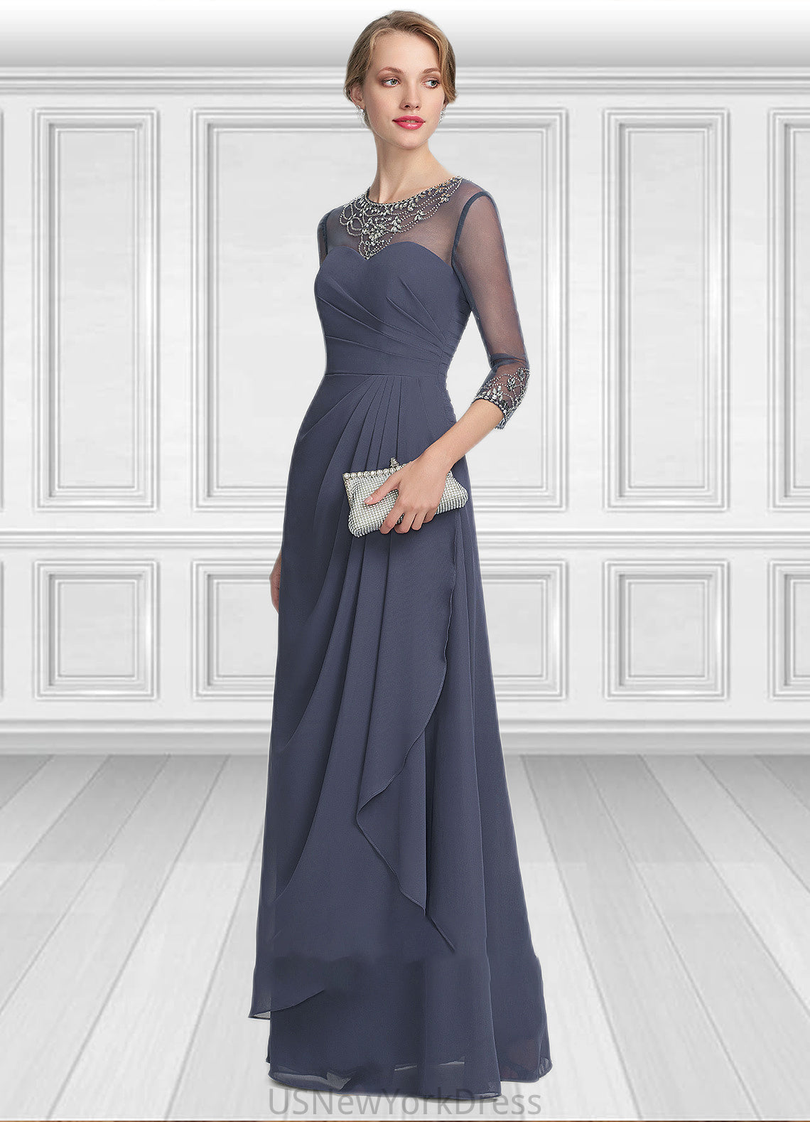 Campbell A-Line Scoop Neck Floor-Length Chiffon Mother of the Bride Dress With Beading Sequins Cascading Ruffles DJ126P0014921