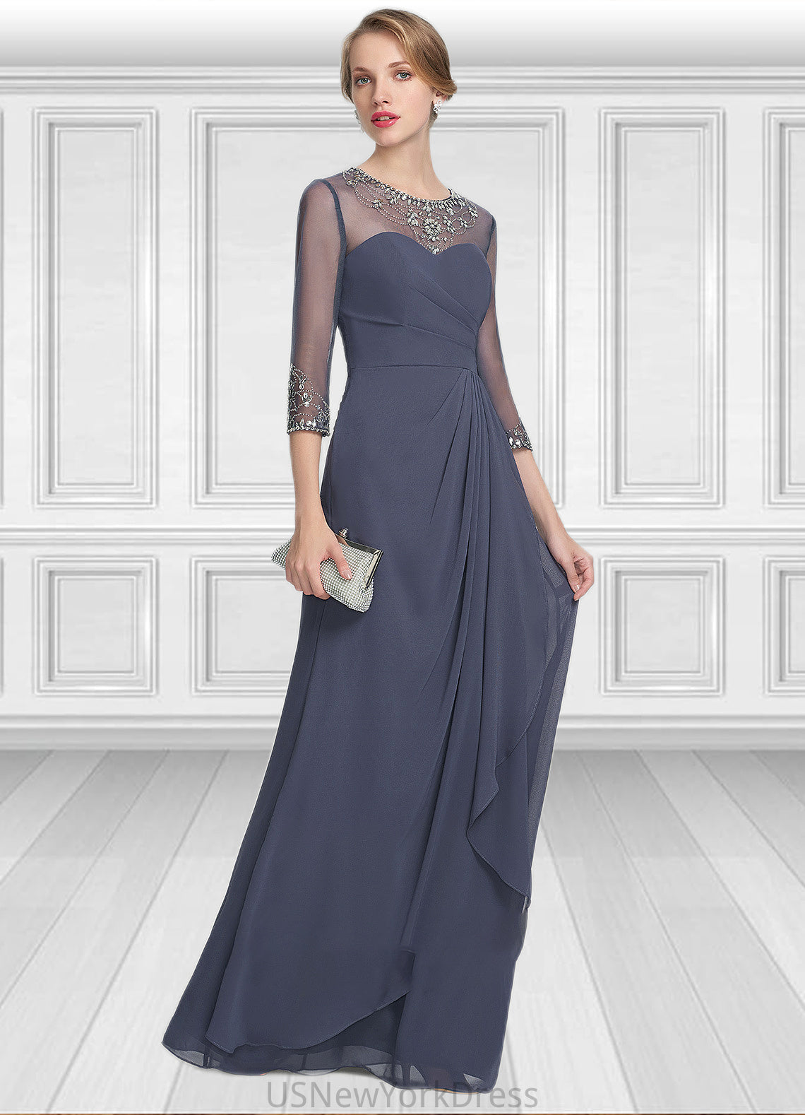 Campbell A-Line Scoop Neck Floor-Length Chiffon Mother of the Bride Dress With Beading Sequins Cascading Ruffles DJ126P0014921