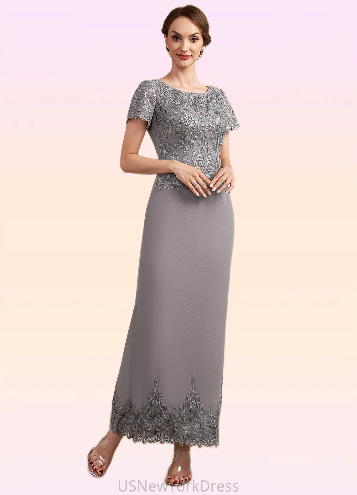 India Sheath/Column Scoop Neck Ankle-Length Chiffon Lace Mother of the Bride Dress With Sequins DJ126P0014922