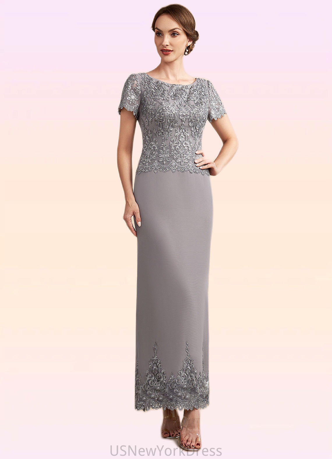 India Sheath/Column Scoop Neck Ankle-Length Chiffon Lace Mother of the Bride Dress With Sequins DJ126P0014922