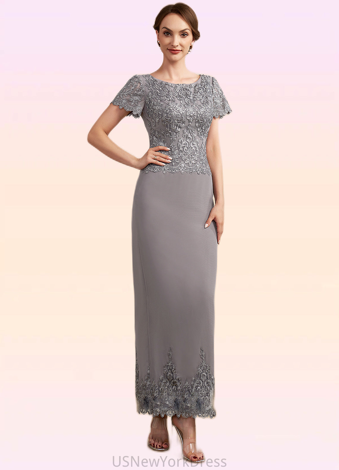 India Sheath/Column Scoop Neck Ankle-Length Chiffon Lace Mother of the Bride Dress With Sequins DJ126P0014922