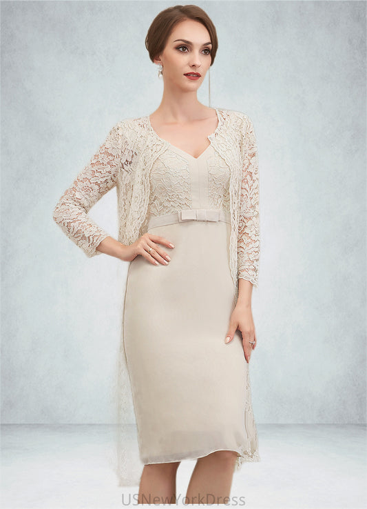 Cameron Sheath/Column V-neck Knee-Length Chiffon Lace Mother of the Bride Dress With Bow(s) DJ126P0014924