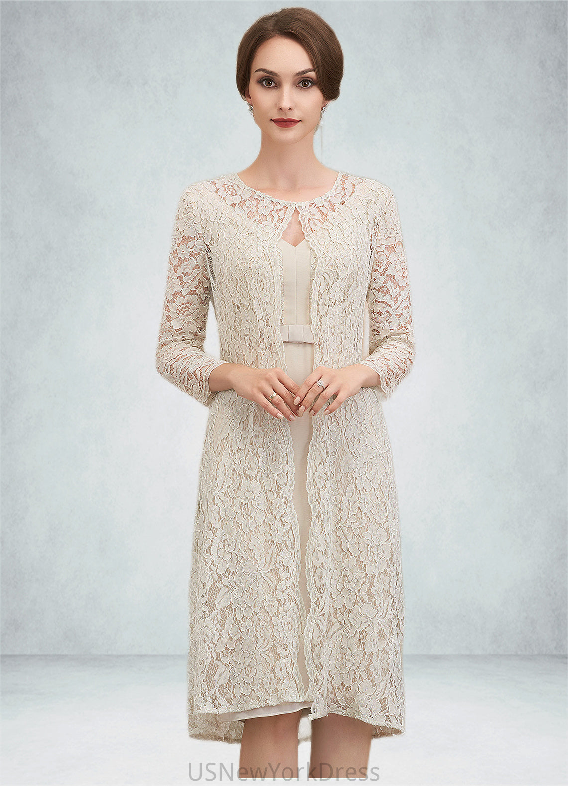 Cameron Sheath/Column V-neck Knee-Length Chiffon Lace Mother of the Bride Dress With Bow(s) DJ126P0014924