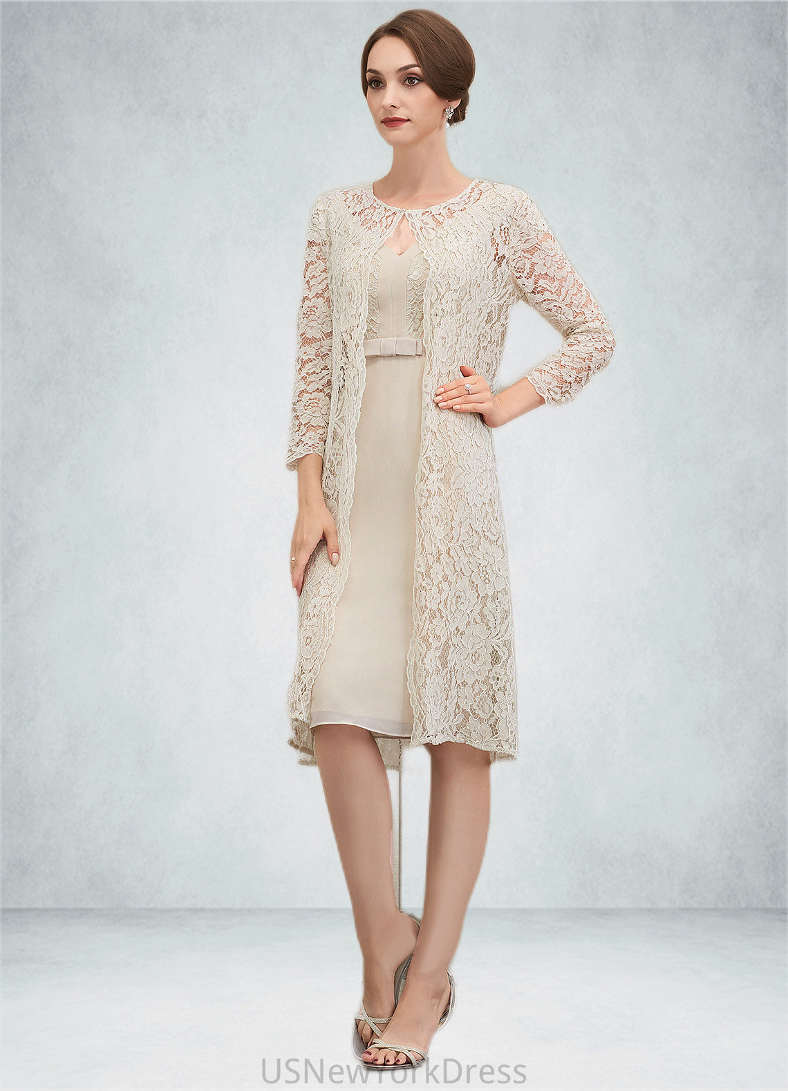 Cameron Sheath/Column V-neck Knee-Length Chiffon Lace Mother of the Bride Dress With Bow(s) DJ126P0014924