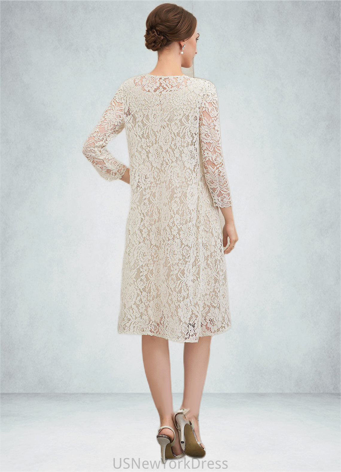 Cameron Sheath/Column V-neck Knee-Length Chiffon Lace Mother of the Bride Dress With Bow(s) DJ126P0014924