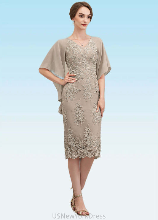 Lisa Sheath/Column V-neck Knee-Length Chiffon Lace Mother of the Bride Dress With Cascading Ruffles DJ126P0014925