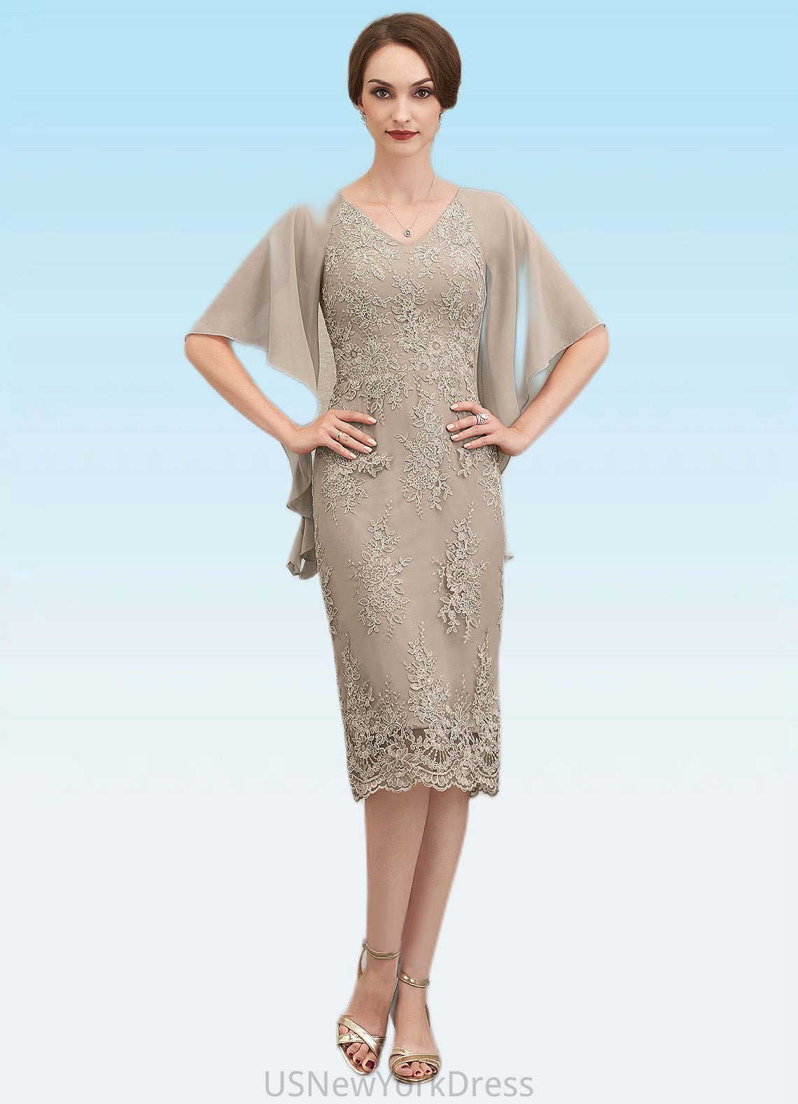 Lisa Sheath/Column V-neck Knee-Length Chiffon Lace Mother of the Bride Dress With Cascading Ruffles DJ126P0014925