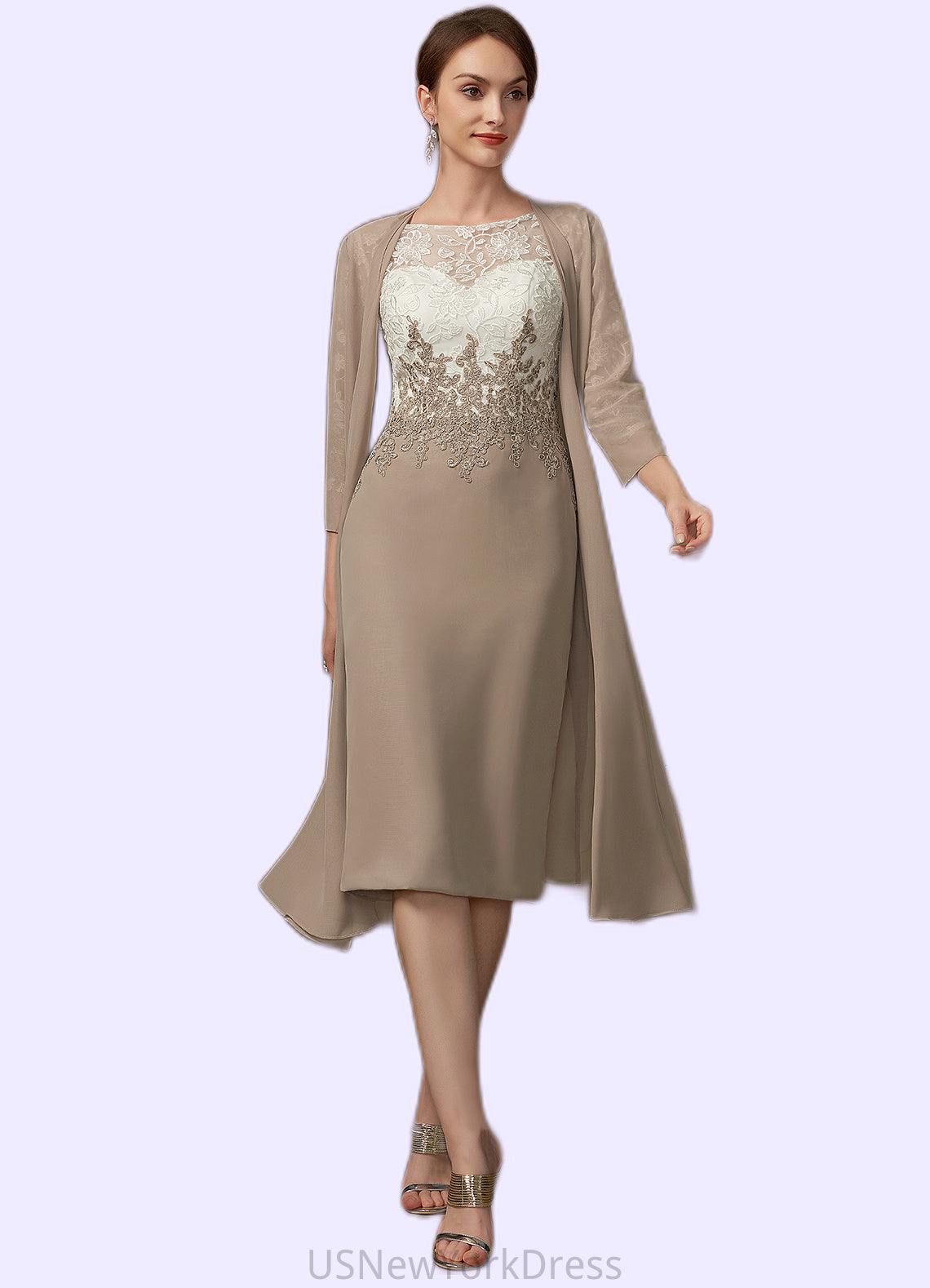 Rayne Sheath/Column Scoop Neck Knee-Length Chiffon Lace Mother of the Bride Dress DJ126P0014927