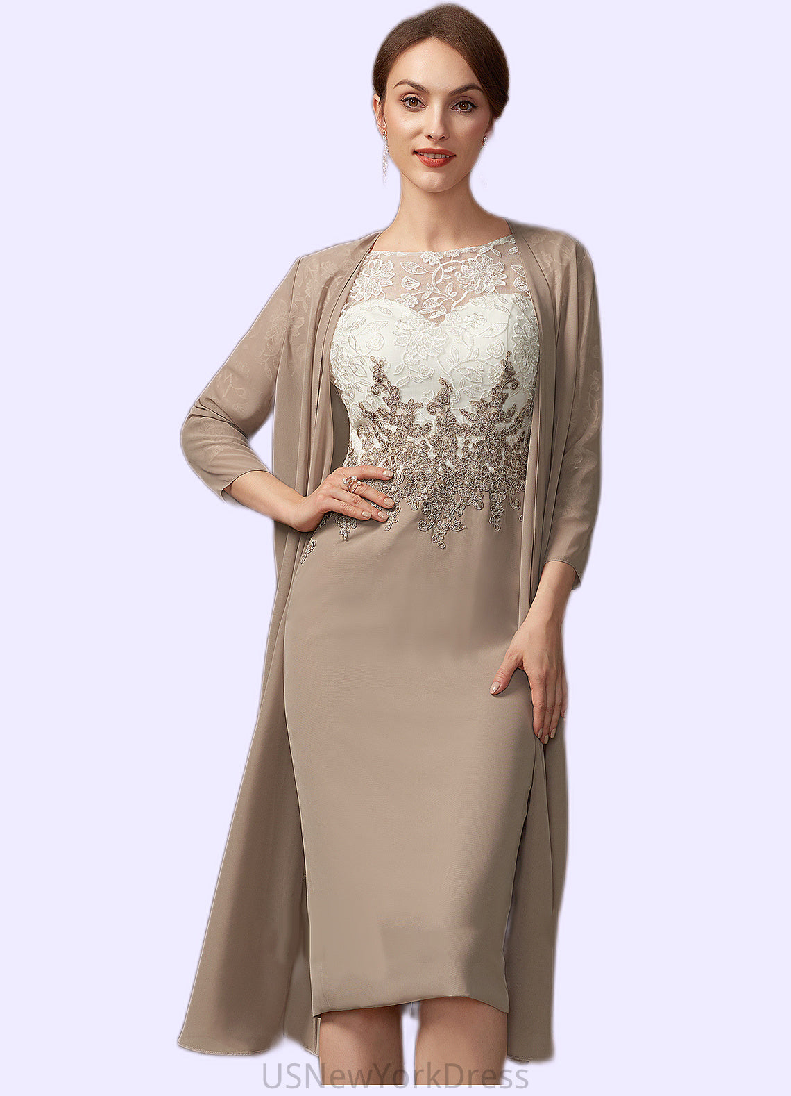 Rayne Sheath/Column Scoop Neck Knee-Length Chiffon Lace Mother of the Bride Dress DJ126P0014927