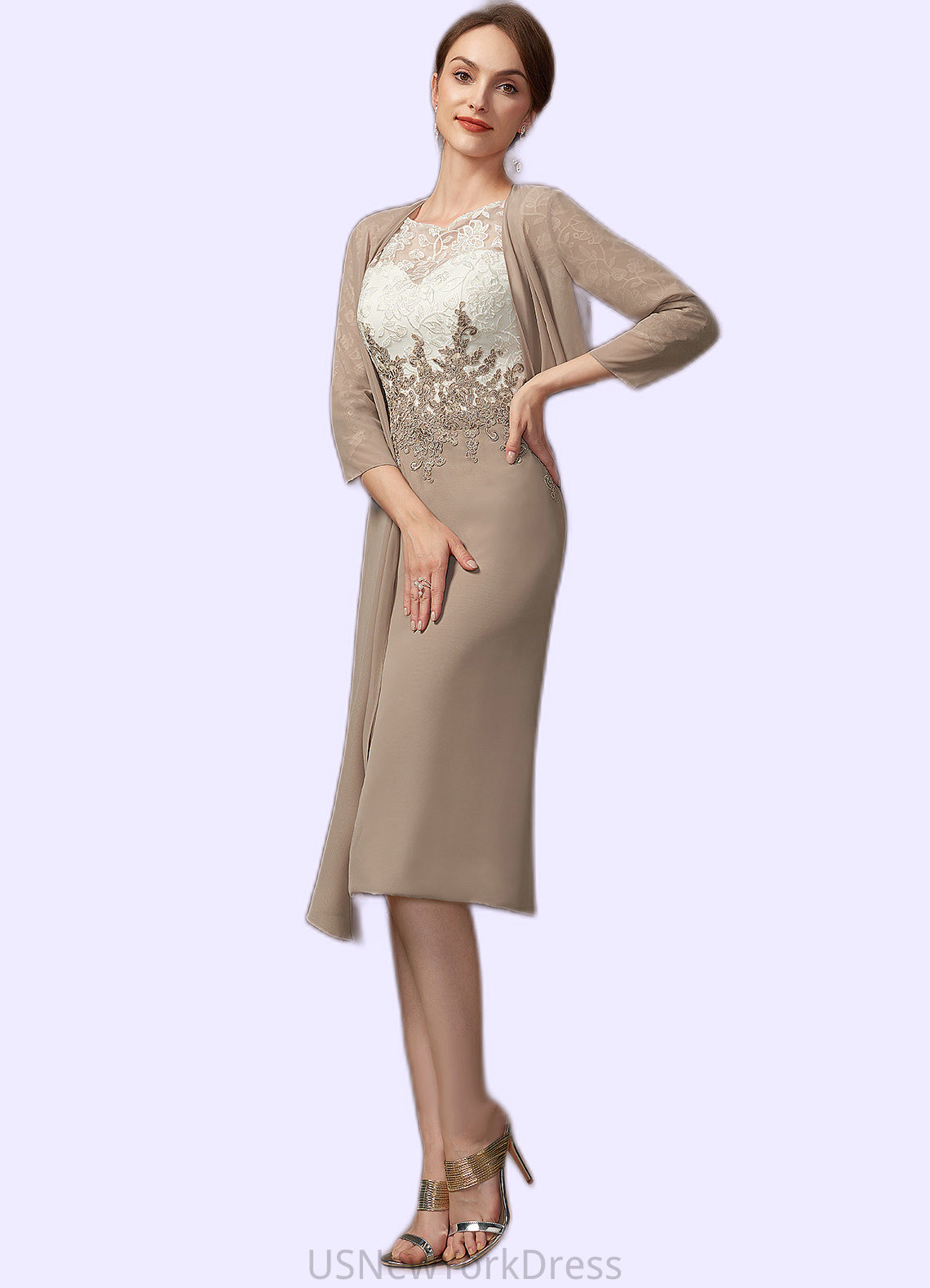 Rayne Sheath/Column Scoop Neck Knee-Length Chiffon Lace Mother of the Bride Dress DJ126P0014927