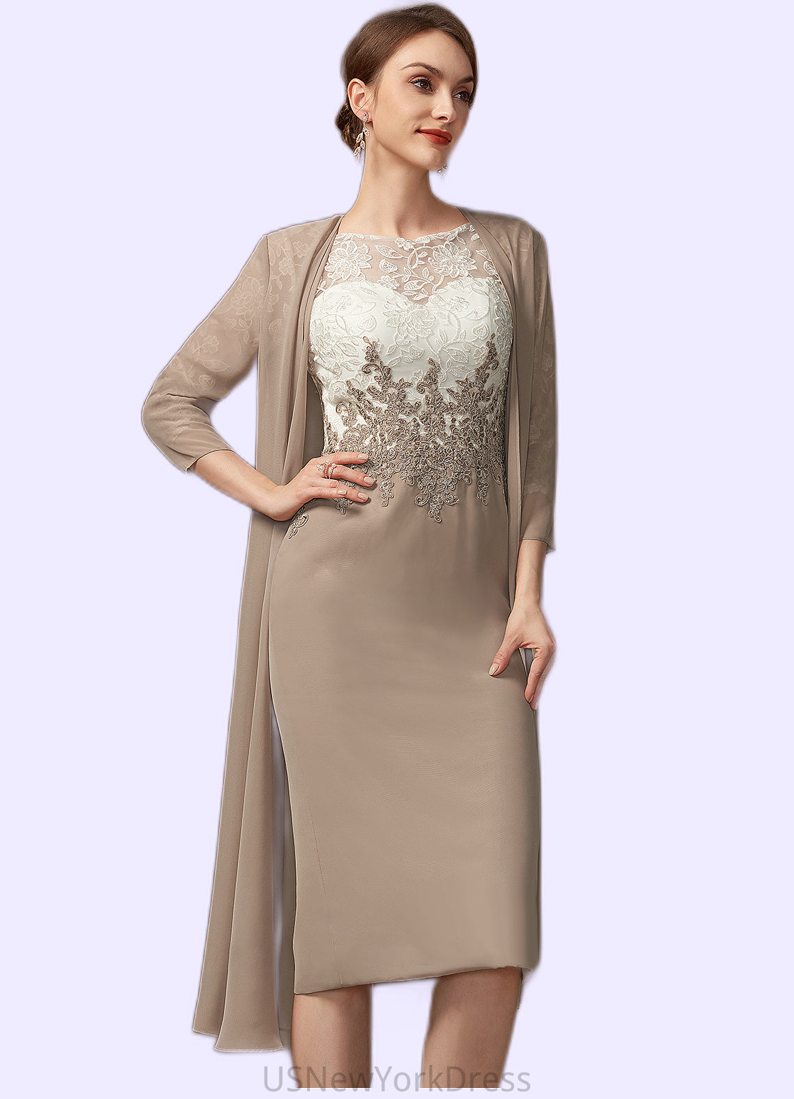 Rayne Sheath/Column Scoop Neck Knee-Length Chiffon Lace Mother of the Bride Dress DJ126P0014927