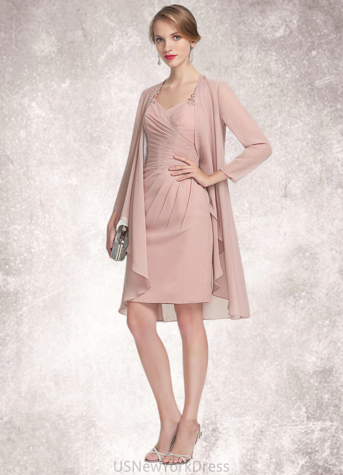 Quinn Sheath/Column Sweetheart Knee-Length Chiffon Mother of the Bride Dress With Ruffle Lace DJ126P0014929