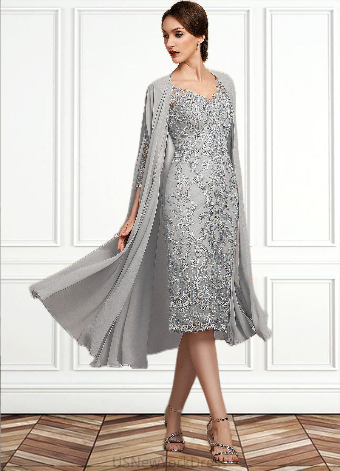 Danna Sheath/Column V-neck Knee-Length Lace Mother of the Bride Dress DJ126P0014931