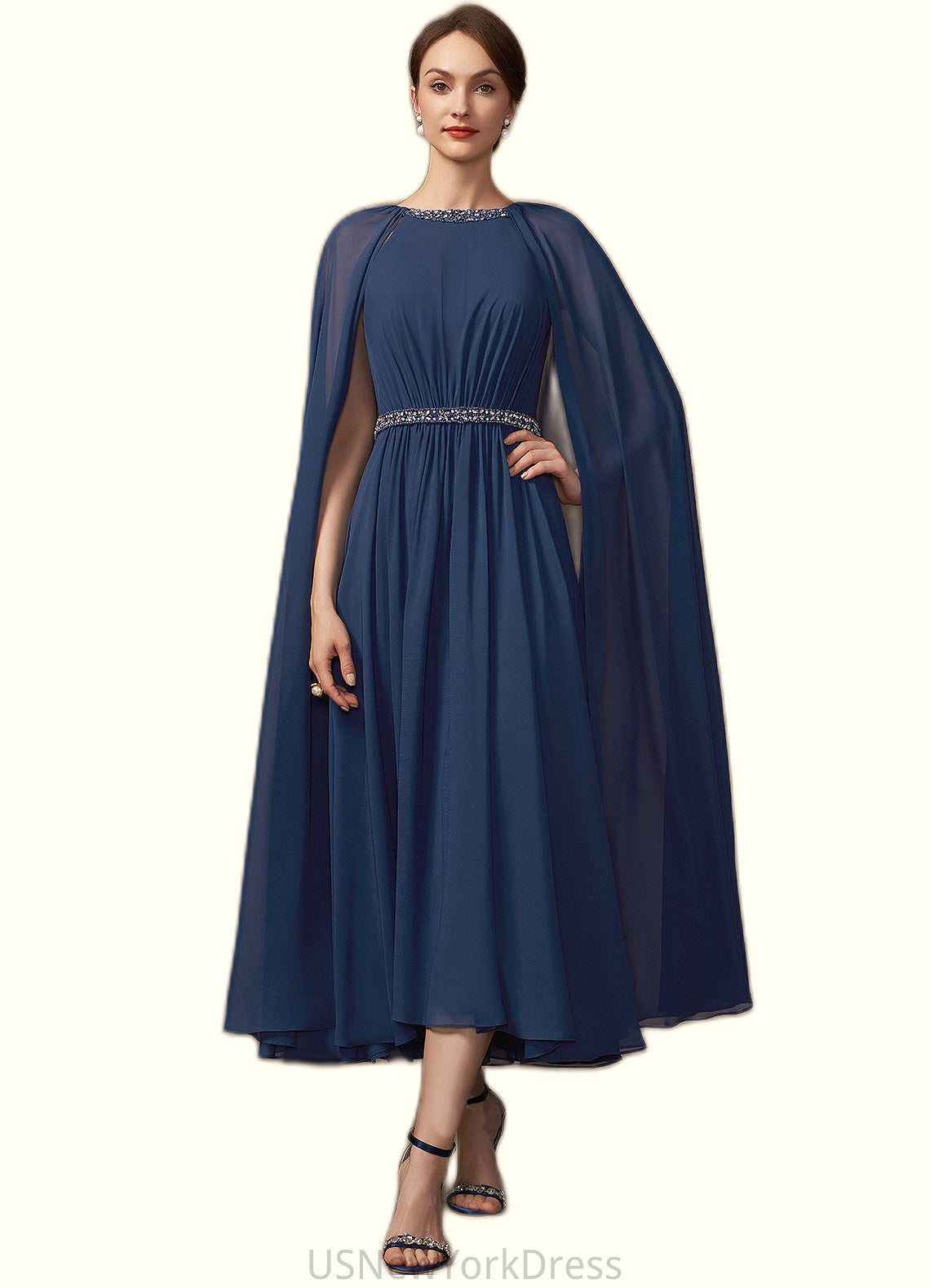 Kaylen A-Line Scoop Neck Tea-Length Chiffon Mother of the Bride Dress With Beading DJ126P0014934