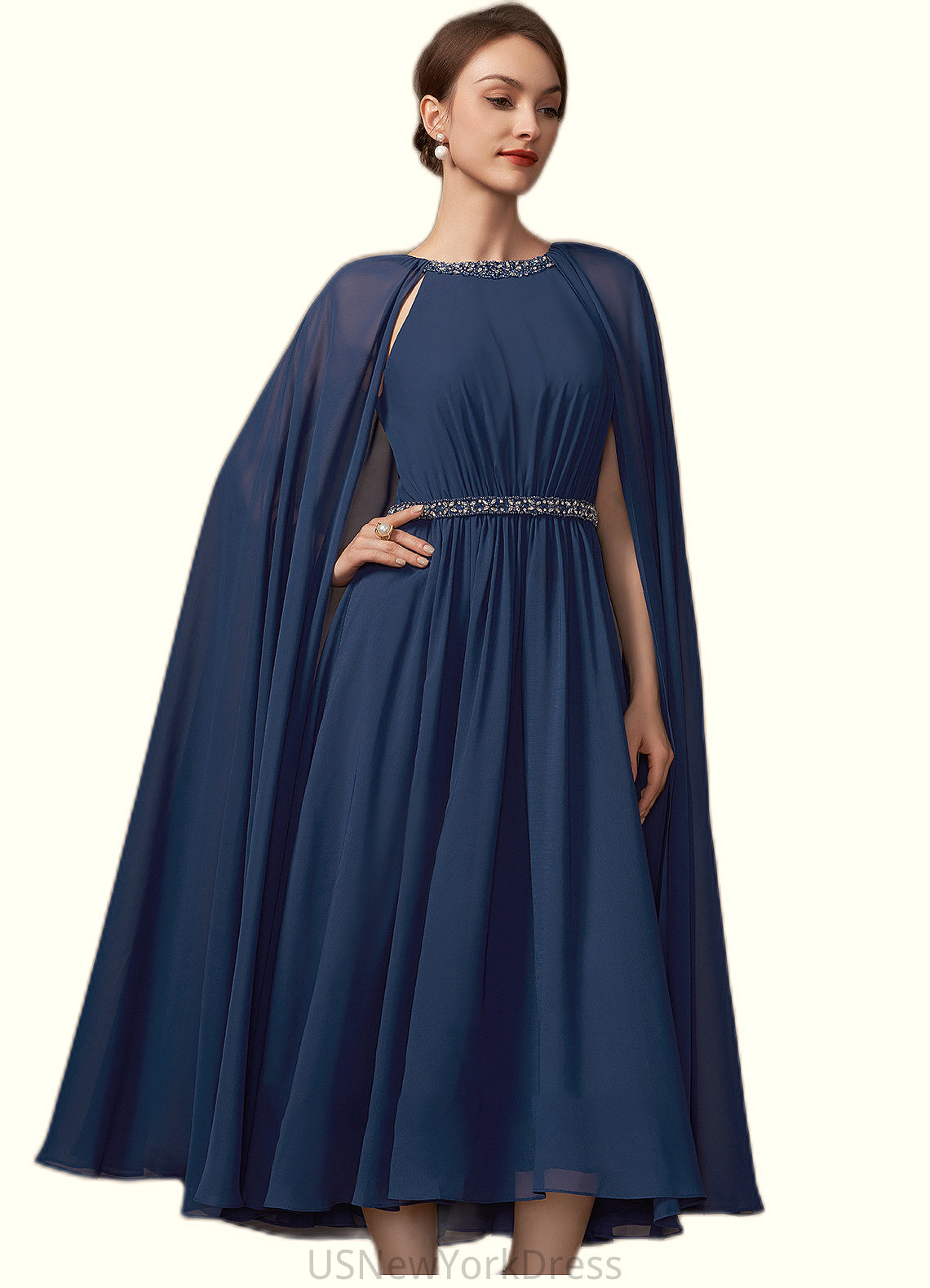 Kaylen A-Line Scoop Neck Tea-Length Chiffon Mother of the Bride Dress With Beading DJ126P0014934