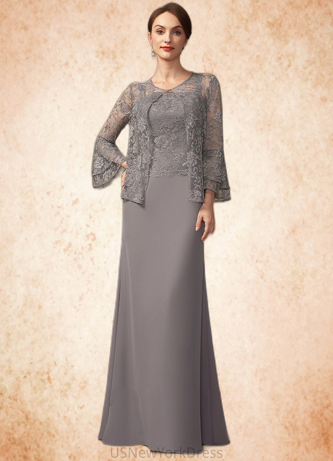 Angeline Sheath/Column Square Neckline Floor-Length Chiffon Lace Mother of the Bride Dress DJ126P0014936