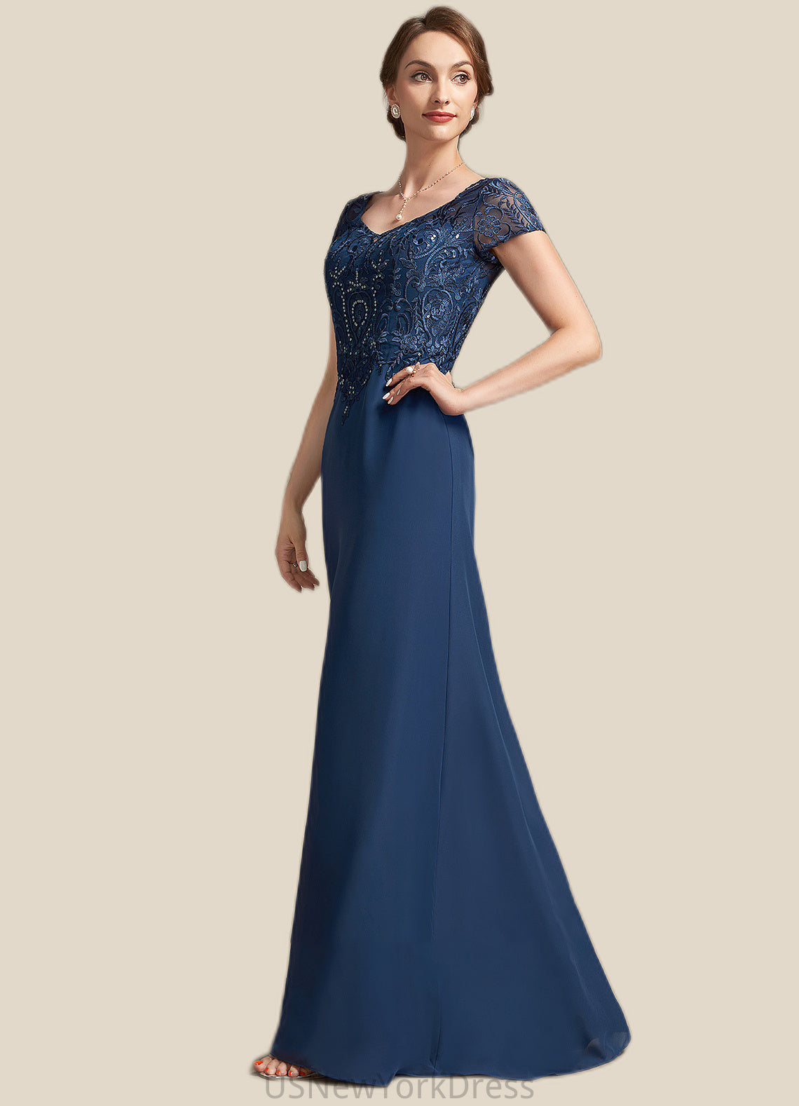 Novia A-Line V-neck Floor-Length Chiffon Lace Mother of the Bride Dress With Sequins DJ126P0014938