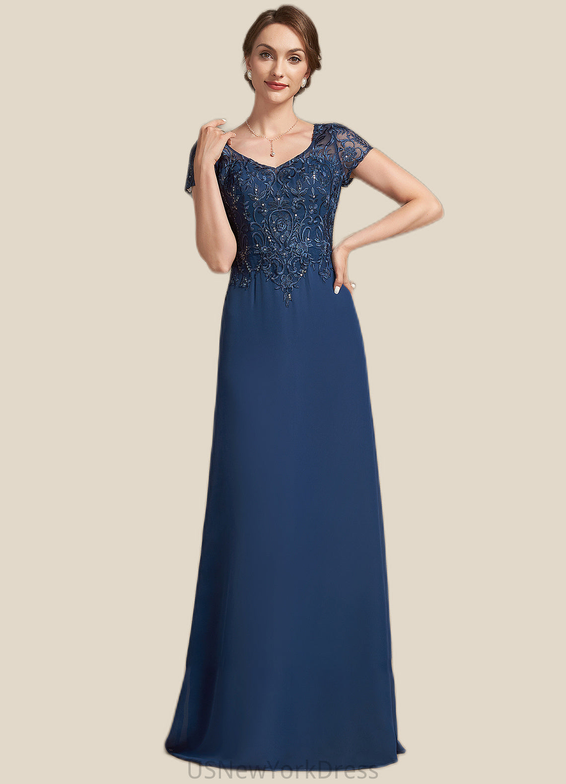 Novia A-Line V-neck Floor-Length Chiffon Lace Mother of the Bride Dress With Sequins DJ126P0014938