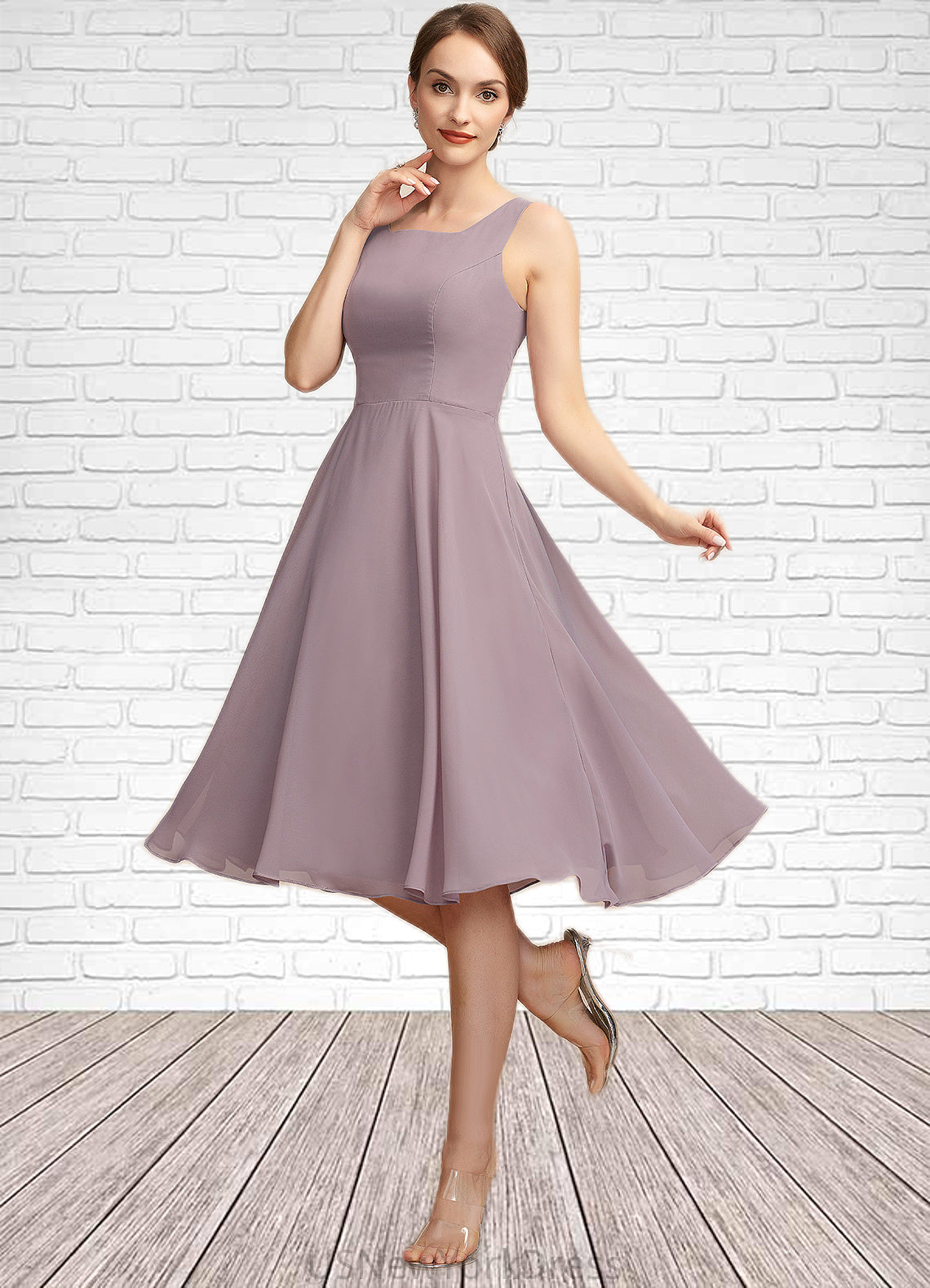 Layla A-Line Square Neckline Knee-Length Chiffon Mother of the Bride Dress DJ126P0014940