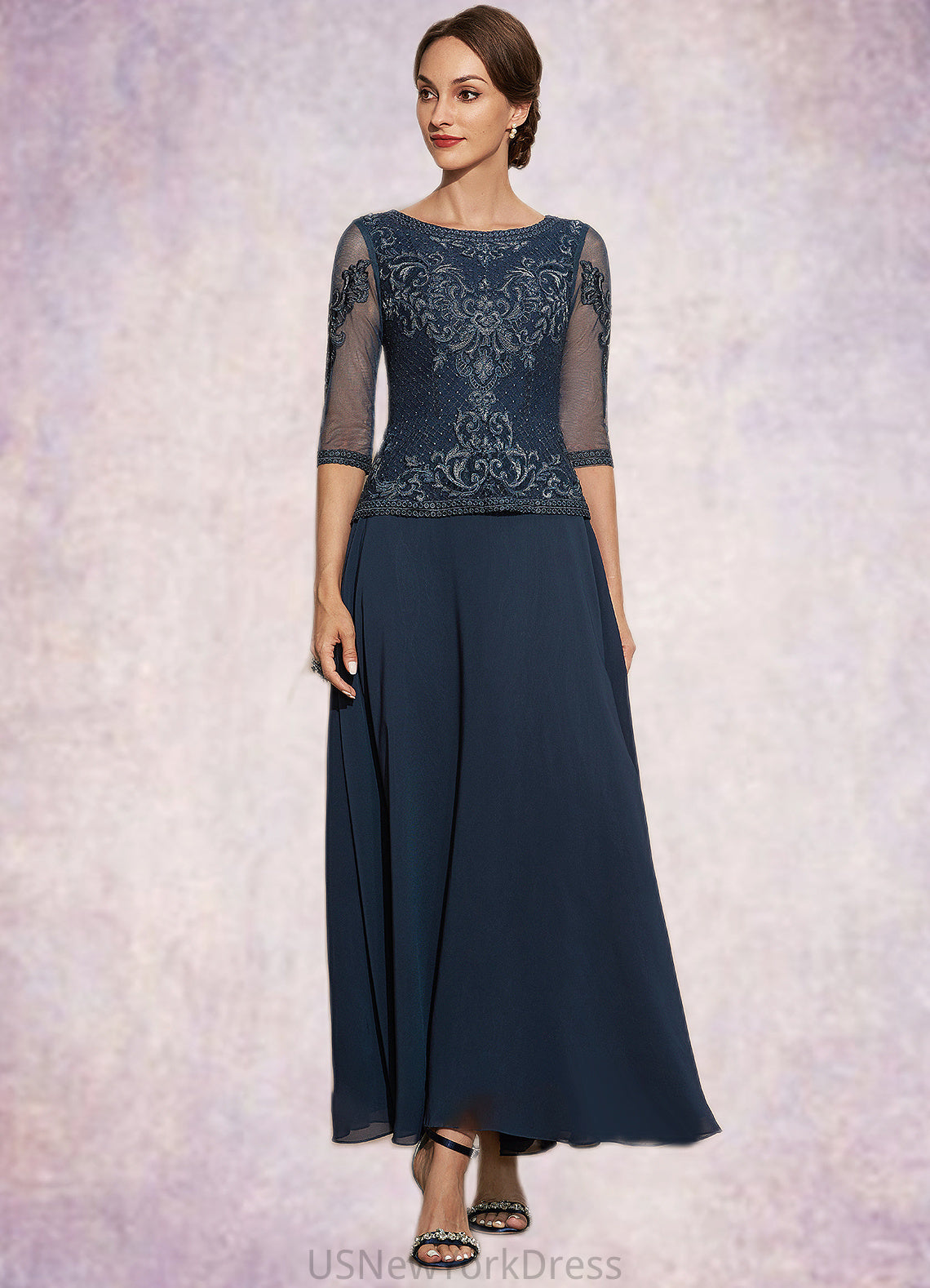 Denisse A-Line Scoop Neck Ankle-Length Chiffon Lace Mother of the Bride Dress DJ126P0014942