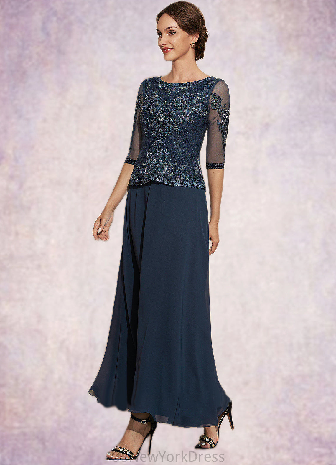 Denisse A-Line Scoop Neck Ankle-Length Chiffon Lace Mother of the Bride Dress DJ126P0014942