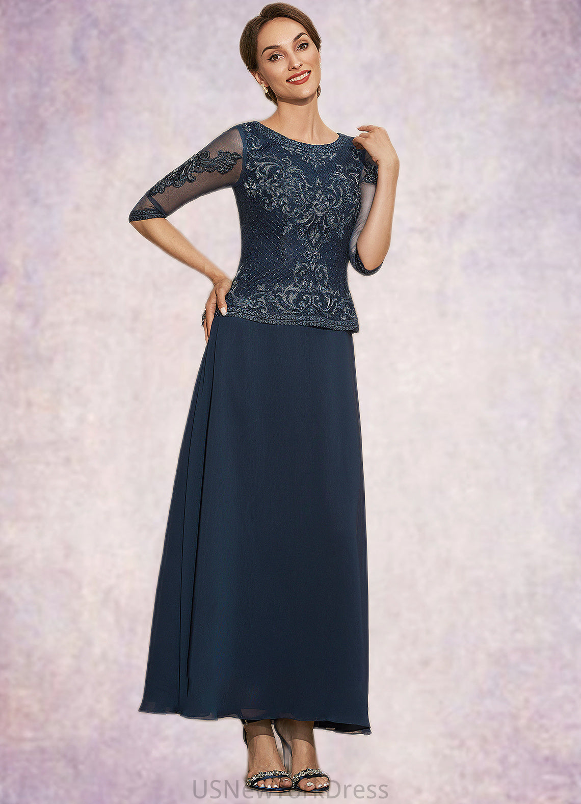 Denisse A-Line Scoop Neck Ankle-Length Chiffon Lace Mother of the Bride Dress DJ126P0014942