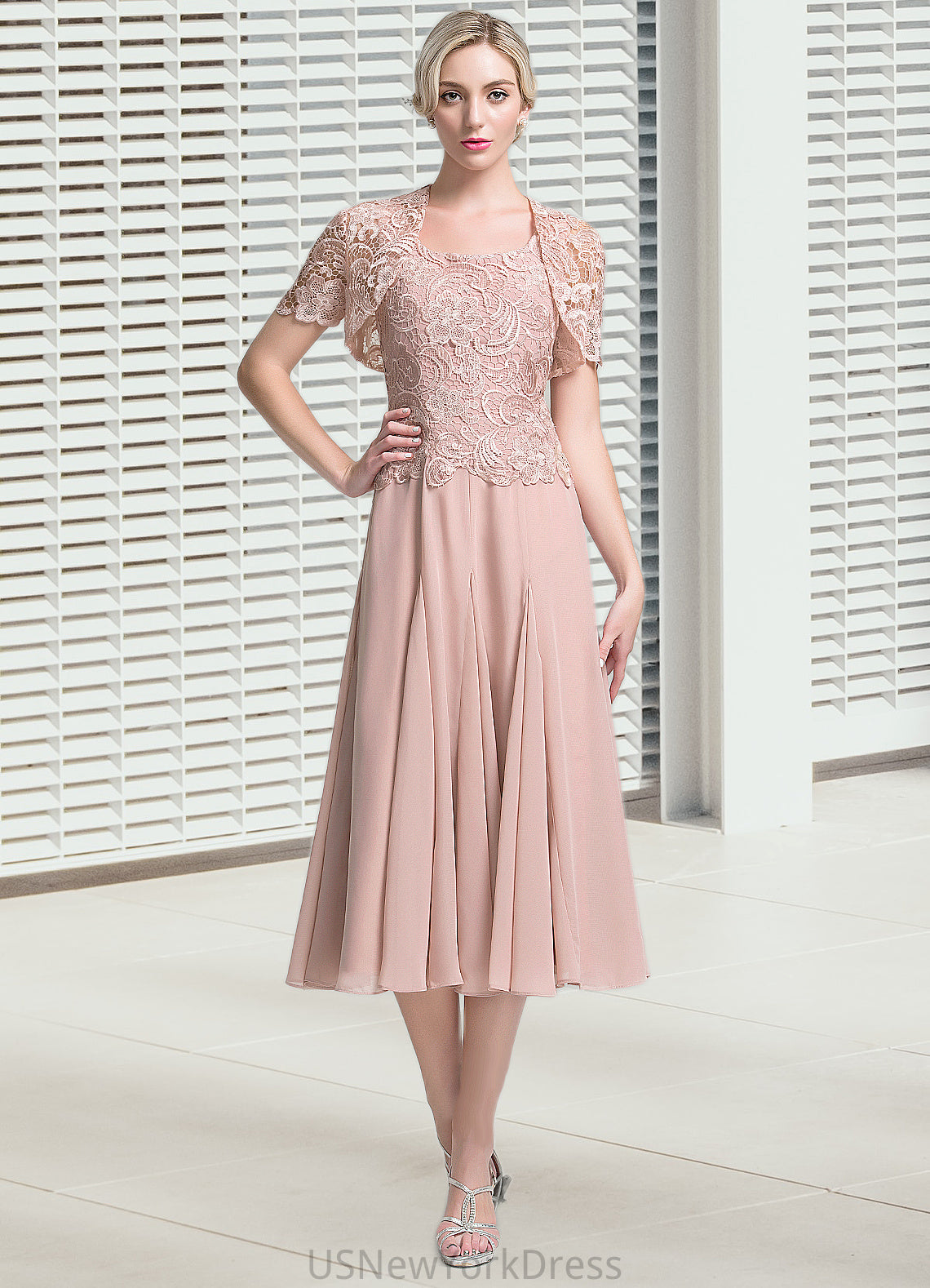 Giada A-Line Square Neckline Tea-Length Chiffon Mother of the Bride Dress DJ126P0014947