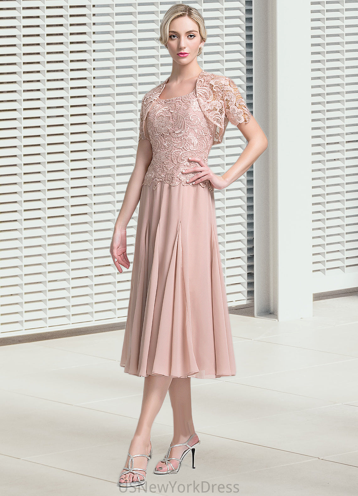 Giada A-Line Square Neckline Tea-Length Chiffon Mother of the Bride Dress DJ126P0014947