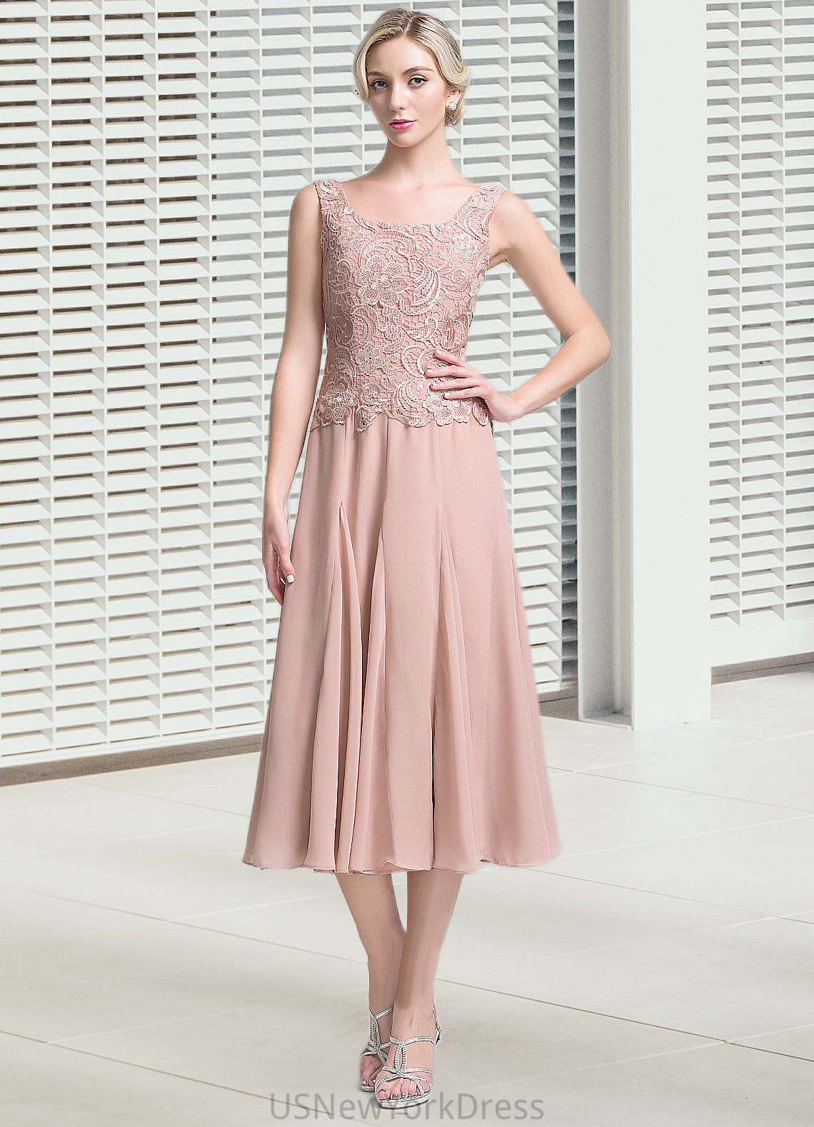 Giada A-Line Square Neckline Tea-Length Chiffon Mother of the Bride Dress DJ126P0014947