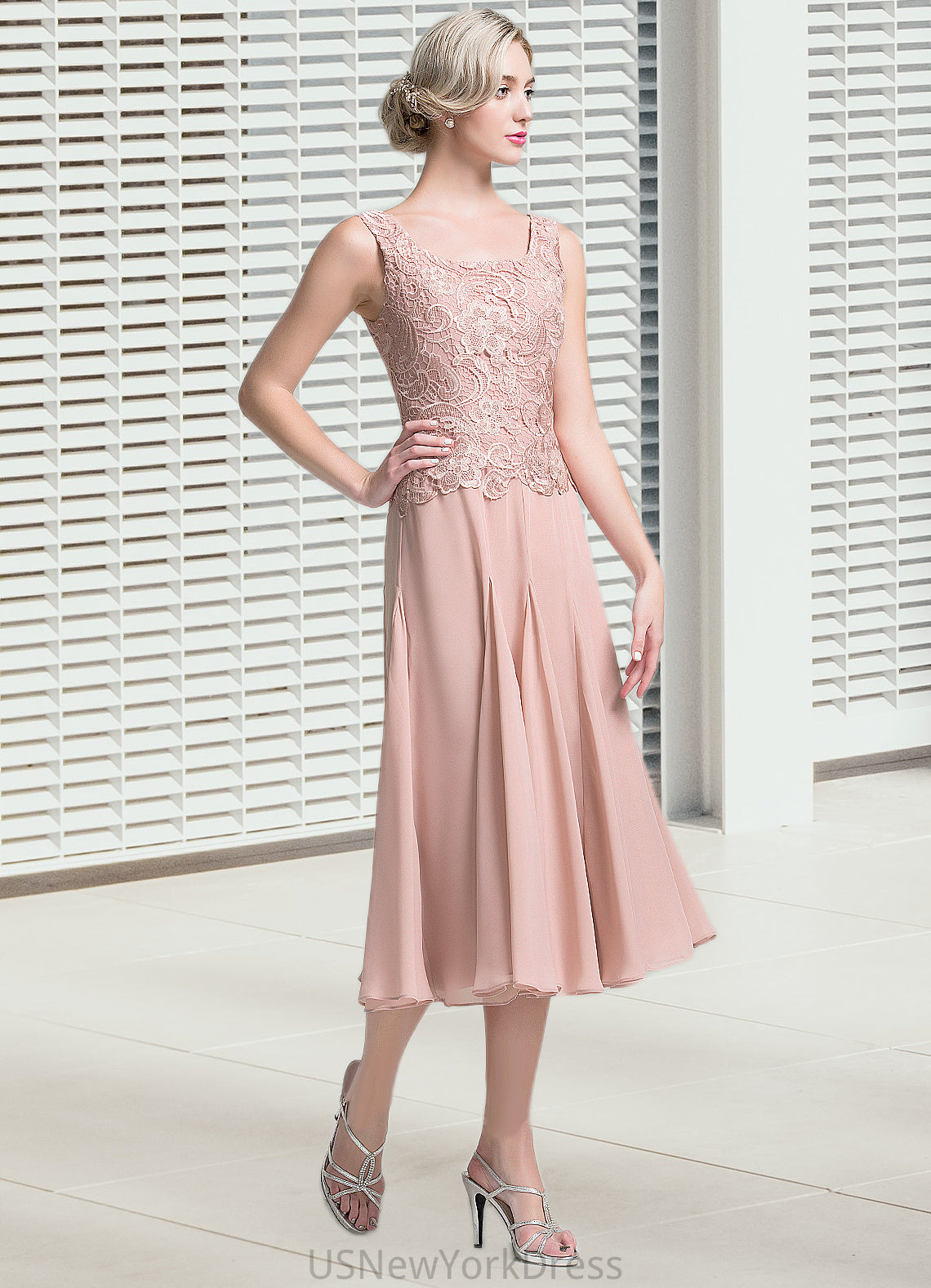 Giada A-Line Square Neckline Tea-Length Chiffon Mother of the Bride Dress DJ126P0014947