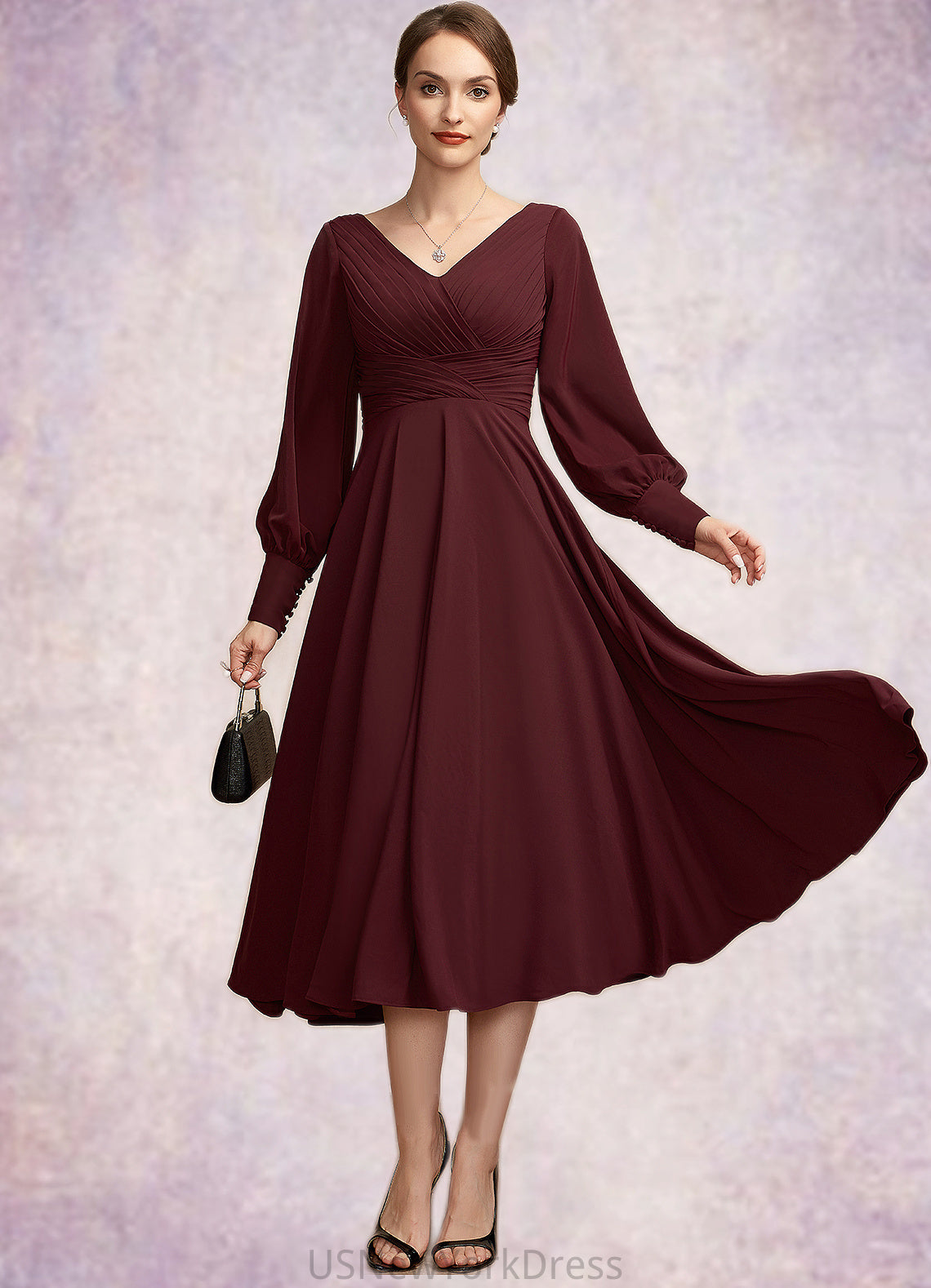 Martha A-Line V-neck Tea-Length Mother of the Bride Dress With Ruffle DJ126P0014948