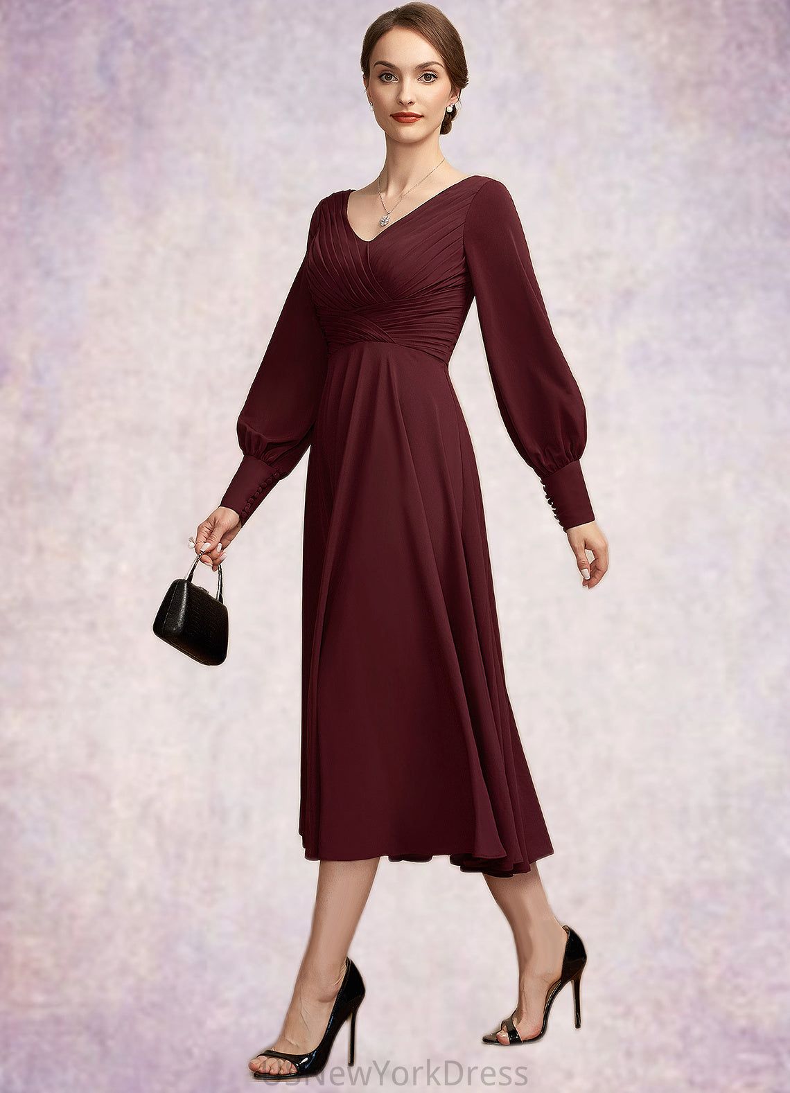 Martha A-Line V-neck Tea-Length Mother of the Bride Dress With Ruffle DJ126P0014948