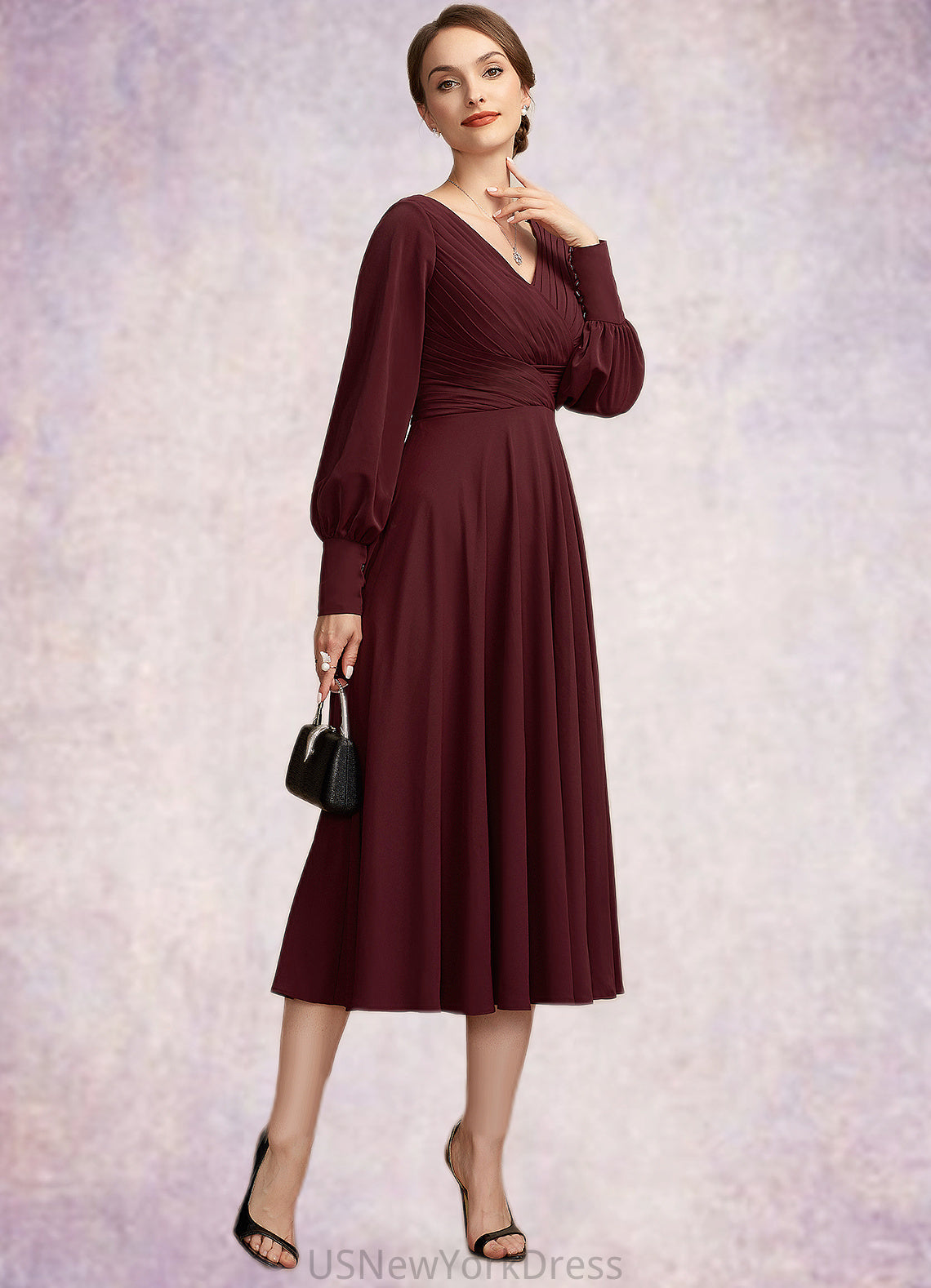 Martha A-Line V-neck Tea-Length Mother of the Bride Dress With Ruffle DJ126P0014948