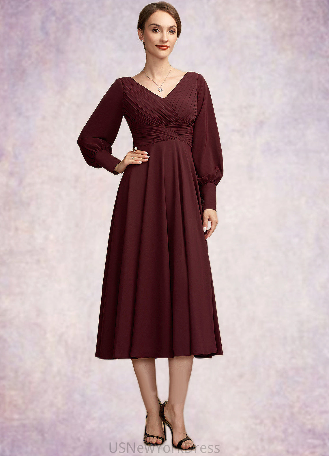 Martha A-Line V-neck Tea-Length Mother of the Bride Dress With Ruffle DJ126P0014948