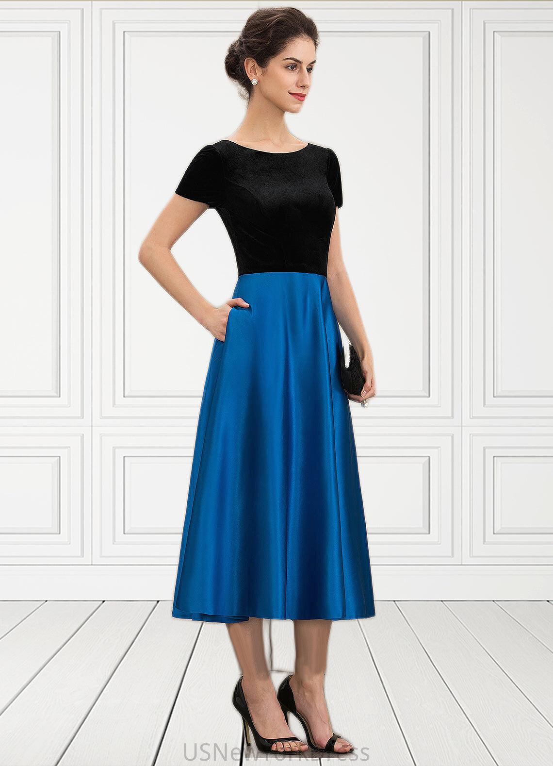 Gwen A-Line Scoop Neck Tea-Length Satin Velvet Mother of the Bride Dress With Pockets DJ126P0014950