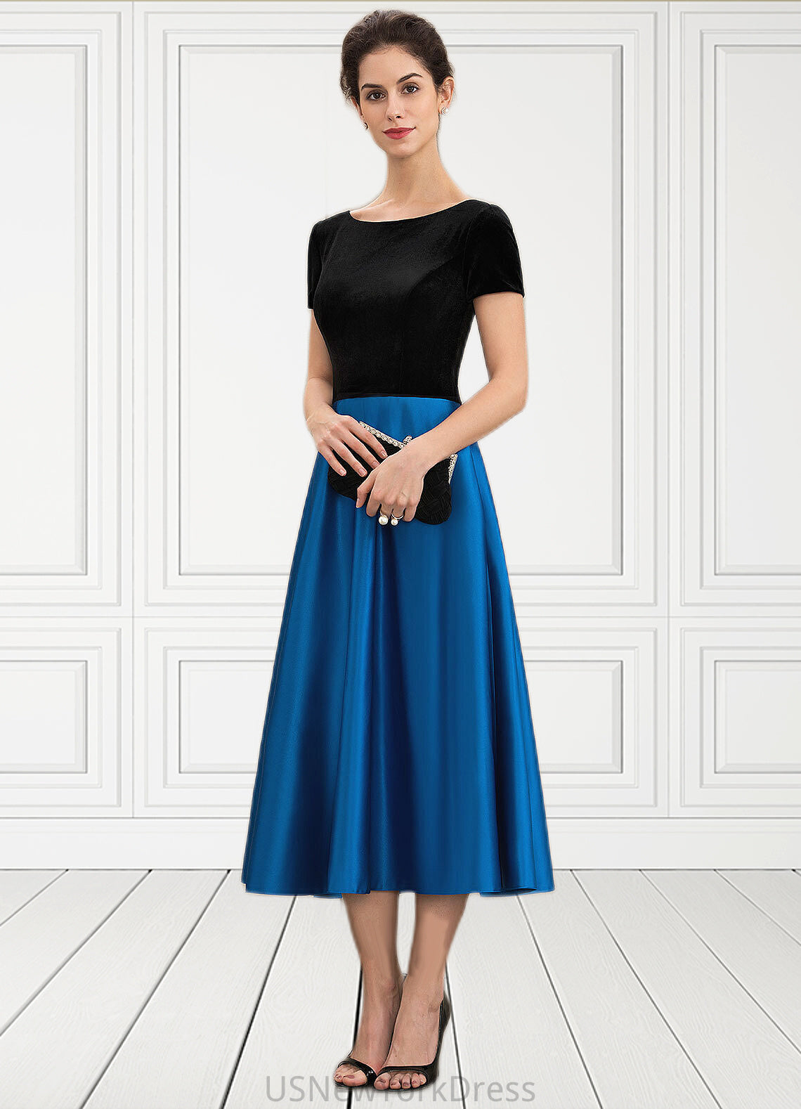 Gwen A-Line Scoop Neck Tea-Length Satin Velvet Mother of the Bride Dress With Pockets DJ126P0014950