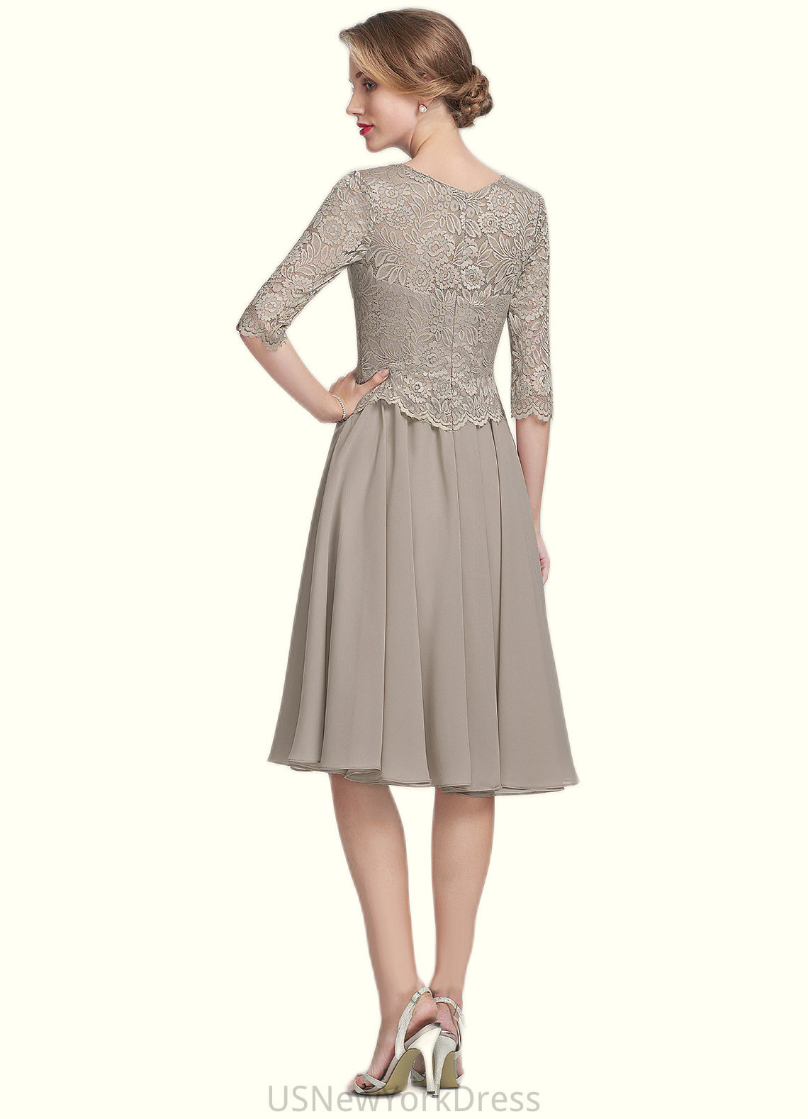 Madeleine A-Line Scoop Neck Knee-Length Chiffon Lace Mother of the Bride Dress DJ126P0014955