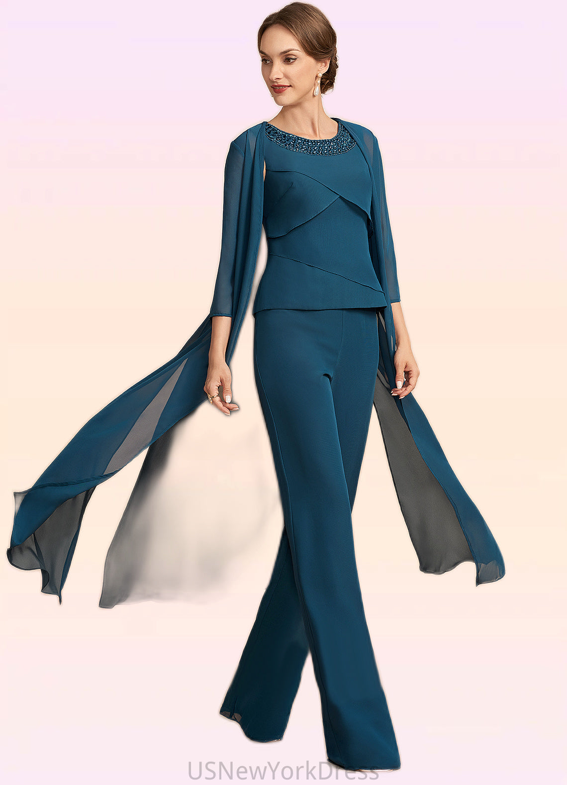 Mandy Jumpsuit/Pantsuit Scoop Neck Floor-Length Chiffon Mother of the Bride Dress With Beading Cascading Ruffles DJ126P0014956