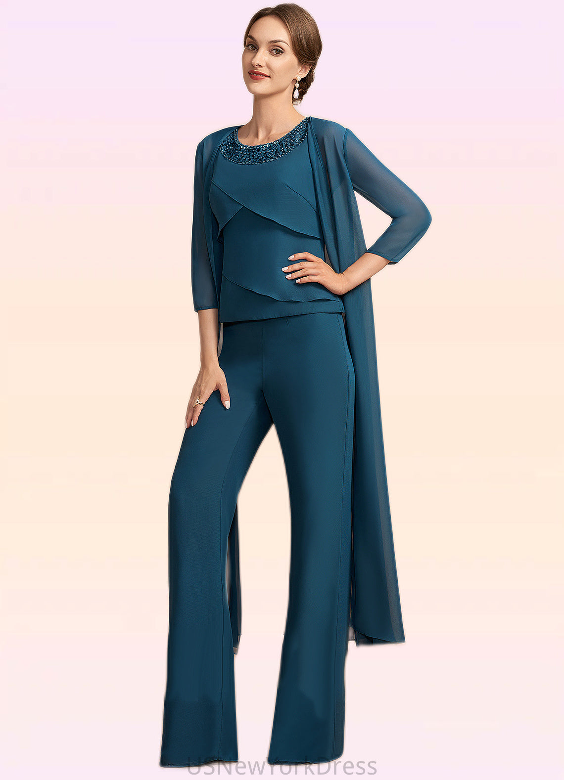 Mandy Jumpsuit/Pantsuit Scoop Neck Floor-Length Chiffon Mother of the Bride Dress With Beading Cascading Ruffles DJ126P0014956