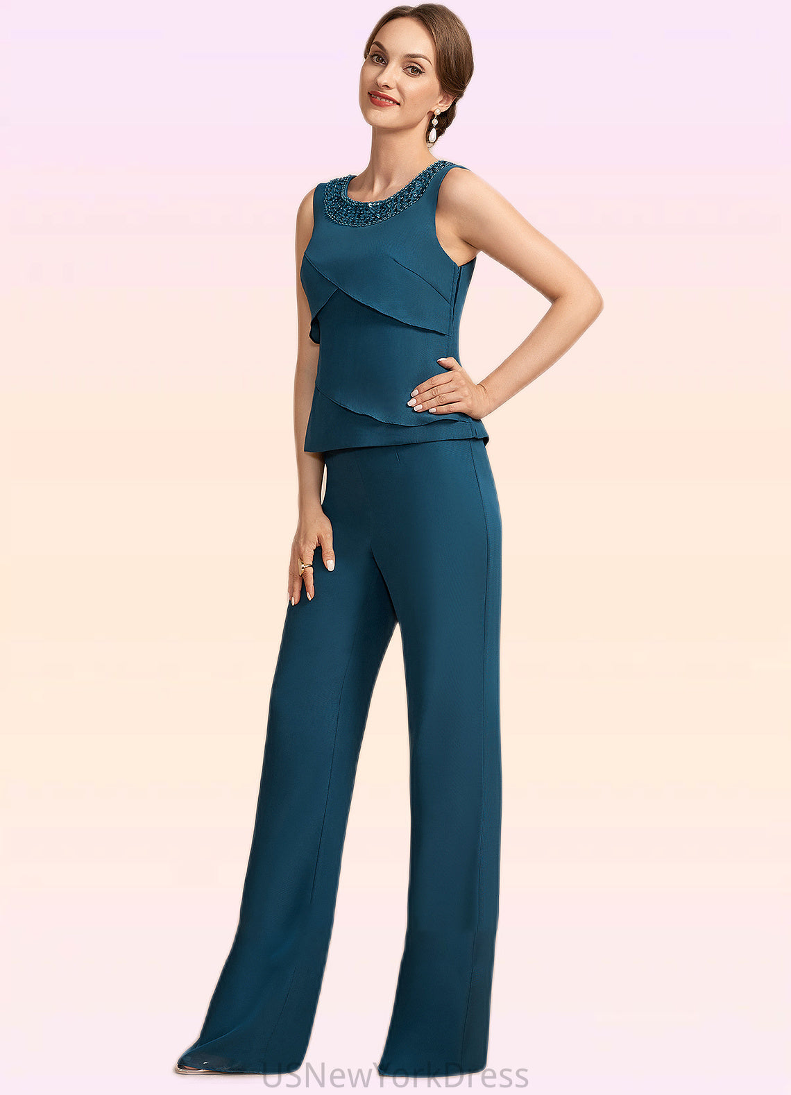 Mandy Jumpsuit/Pantsuit Scoop Neck Floor-Length Chiffon Mother of the Bride Dress With Beading Cascading Ruffles DJ126P0014956