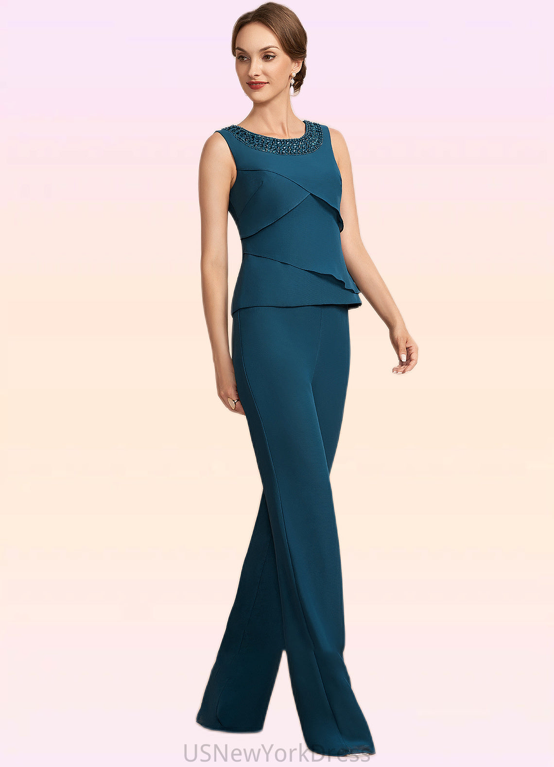 Mandy Jumpsuit/Pantsuit Scoop Neck Floor-Length Chiffon Mother of the Bride Dress With Beading Cascading Ruffles DJ126P0014956