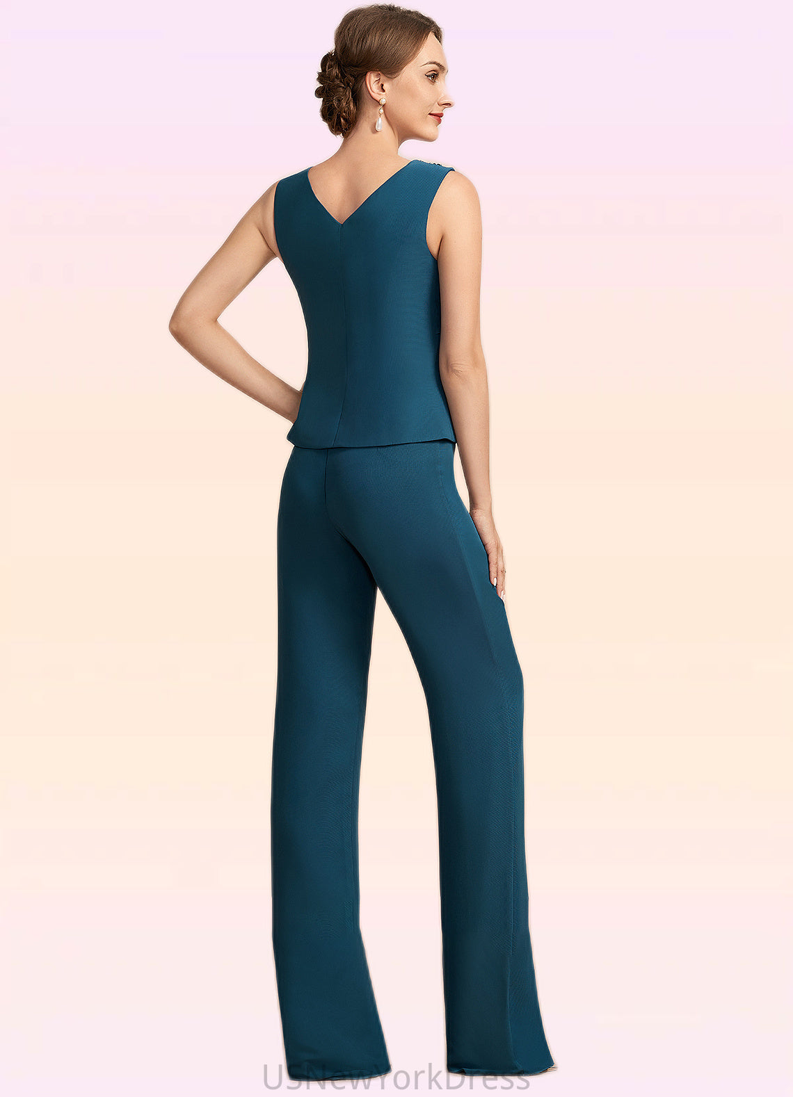 Mandy Jumpsuit/Pantsuit Scoop Neck Floor-Length Chiffon Mother of the Bride Dress With Beading Cascading Ruffles DJ126P0014956