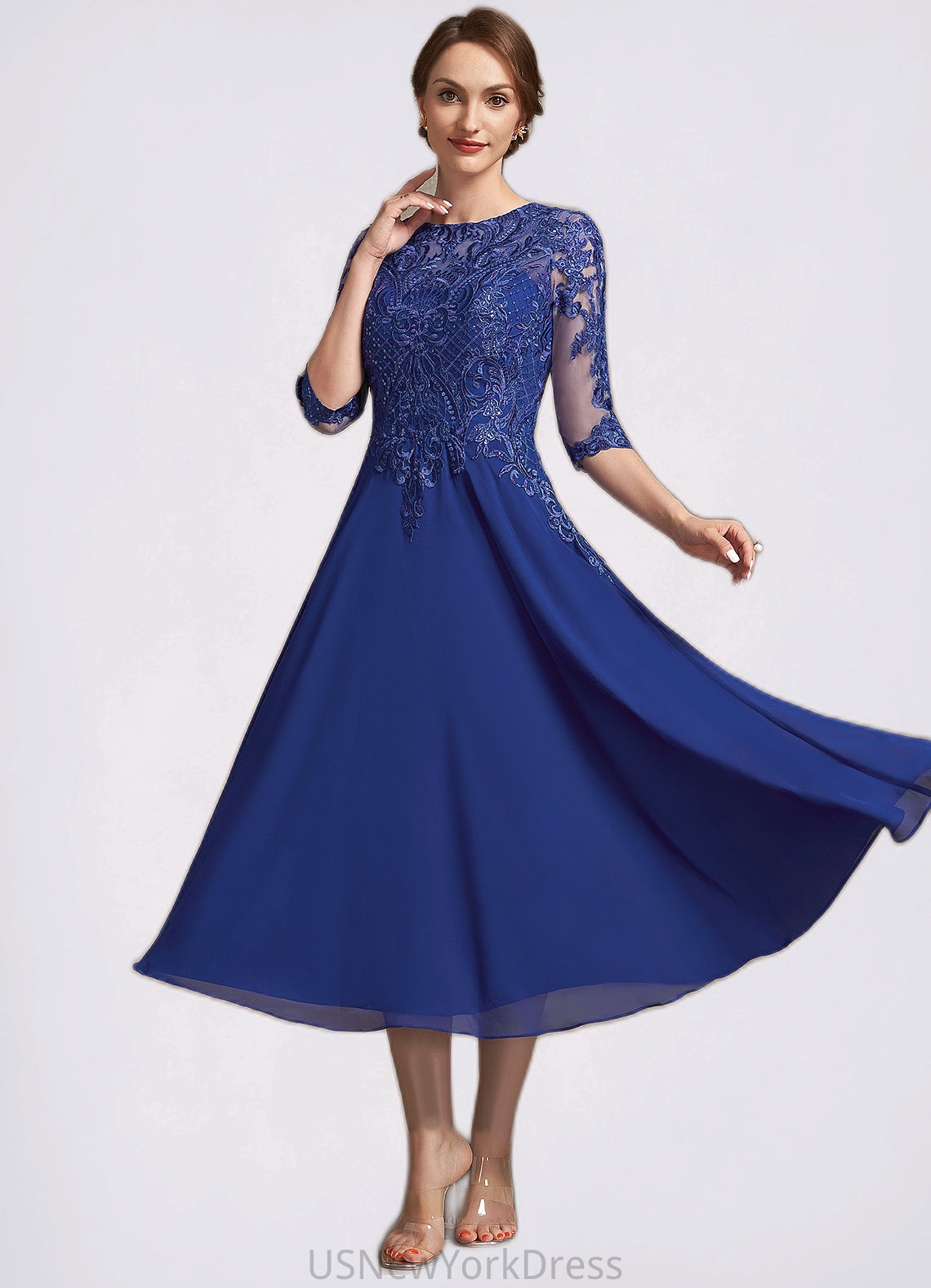 Christine A-Line Scoop Neck Tea-Length Chiffon Lace Mother of the Bride Dress With Sequins DJ126P0014959